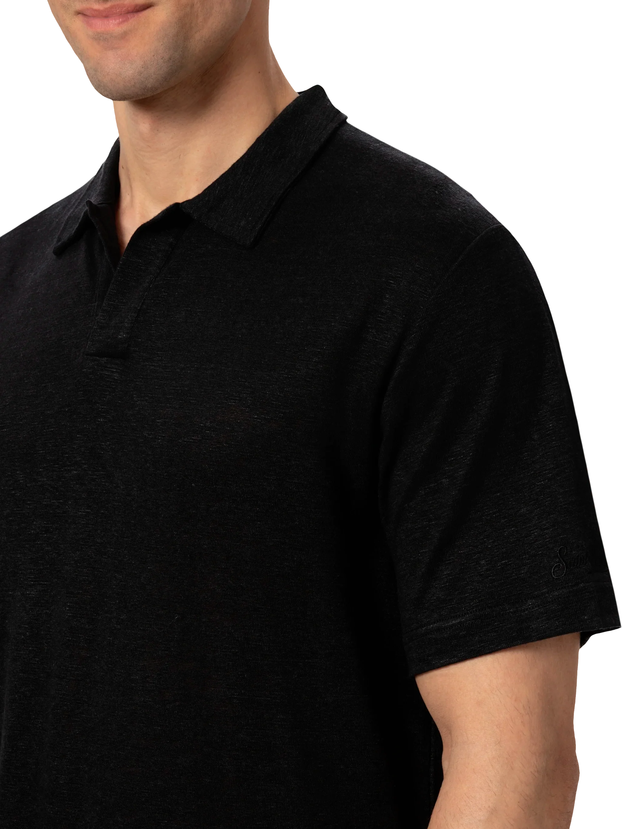 Black linen buttonless polo shirt Fraser - Image 2