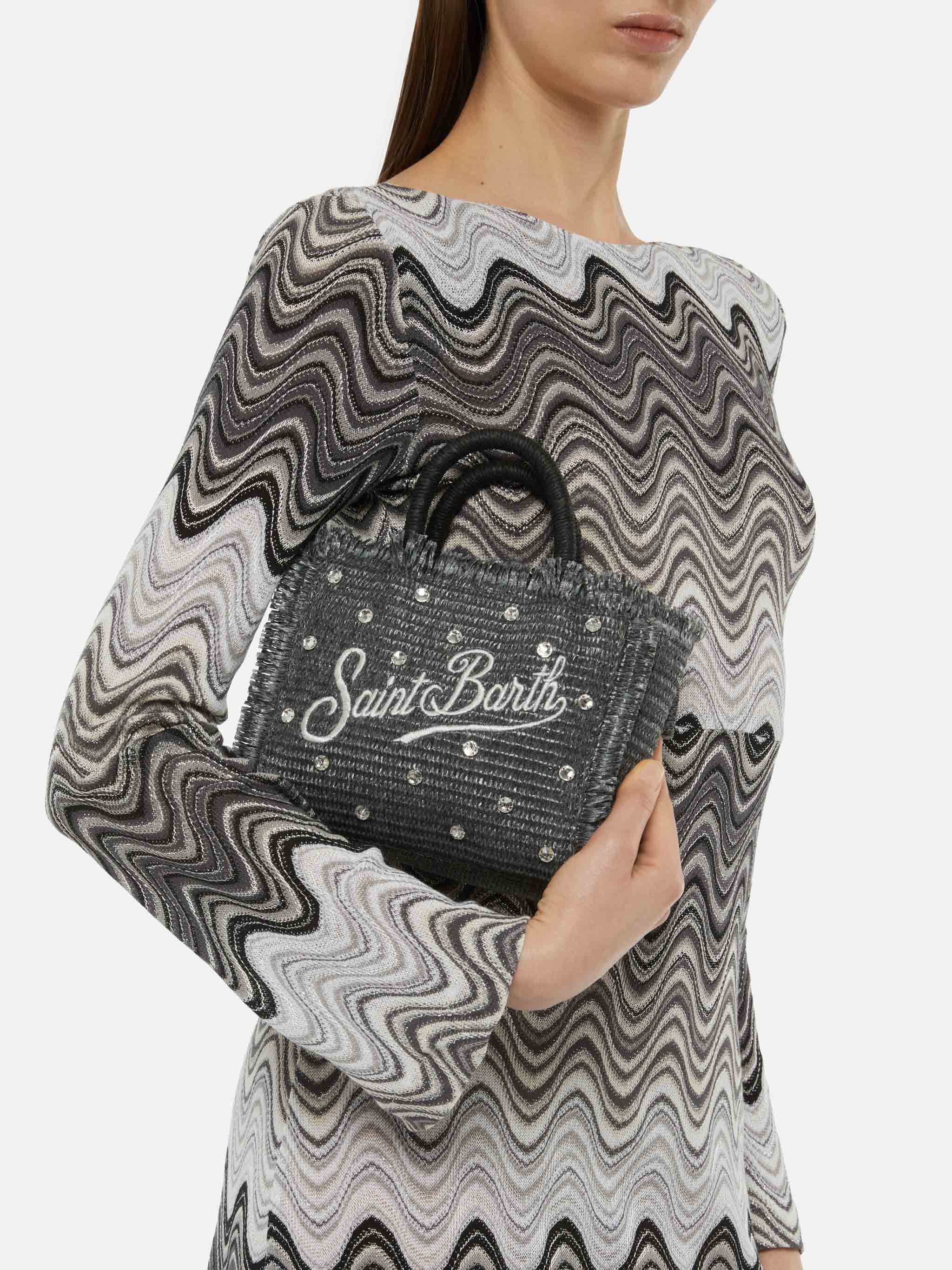 Black Mini Vanity Straw bag with rhinestone embellishment - Image 2