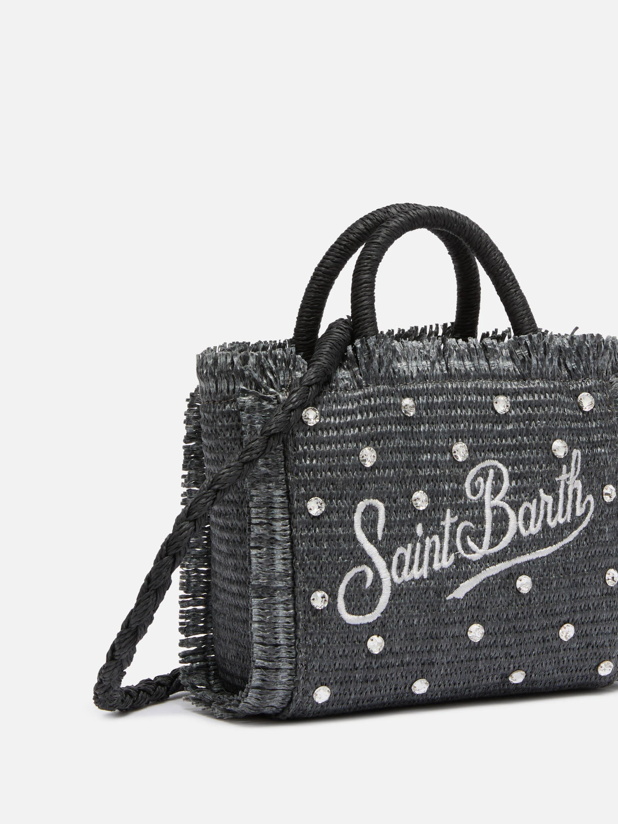 Black Mini Vanity Straw bag with rhinestone embellishment - Image 3