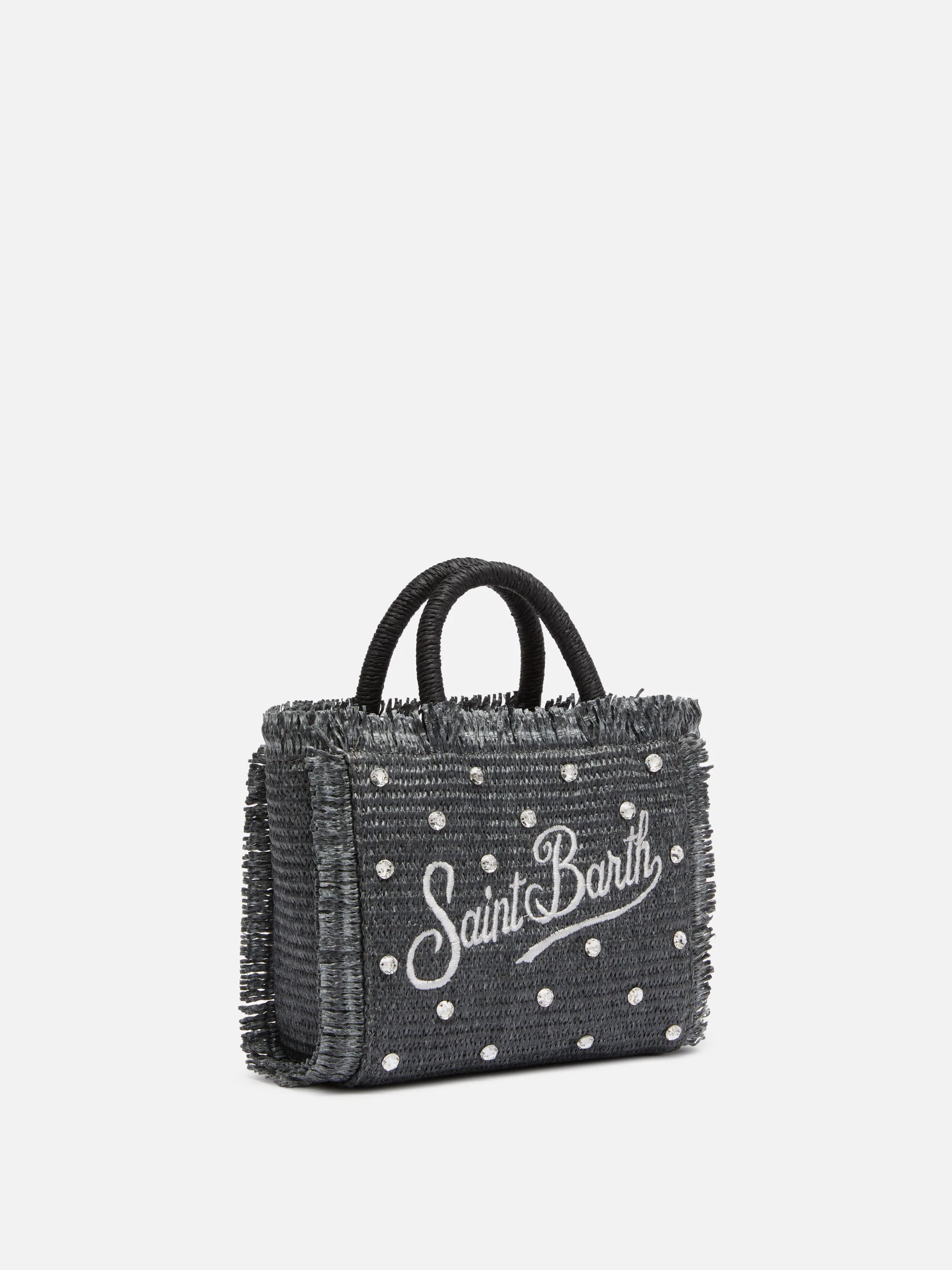 Black Mini Vanity Straw bag with rhinestone embellishment - Image 4