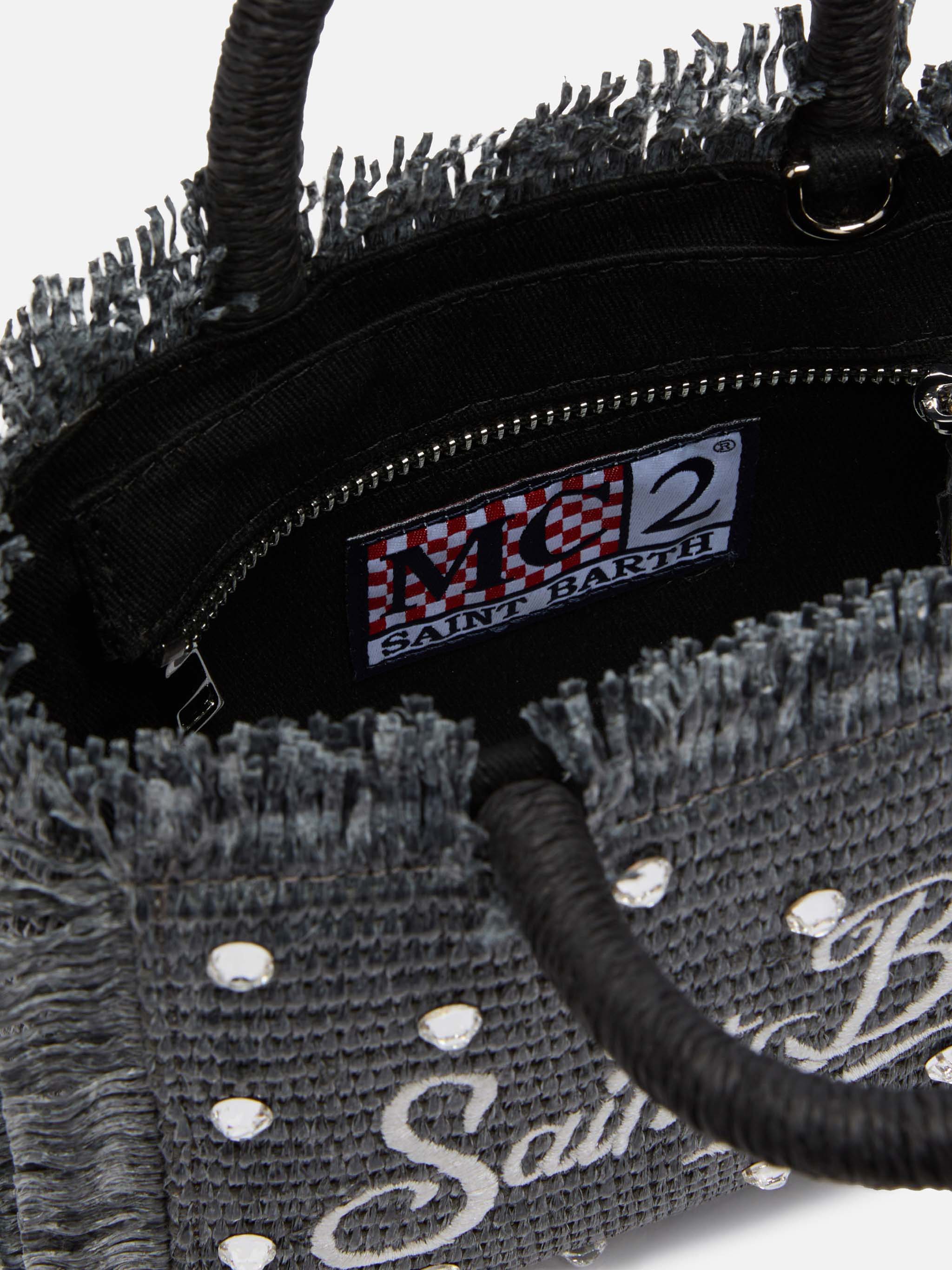 Black Mini Vanity Straw bag with rhinestone embellishment - Image 6