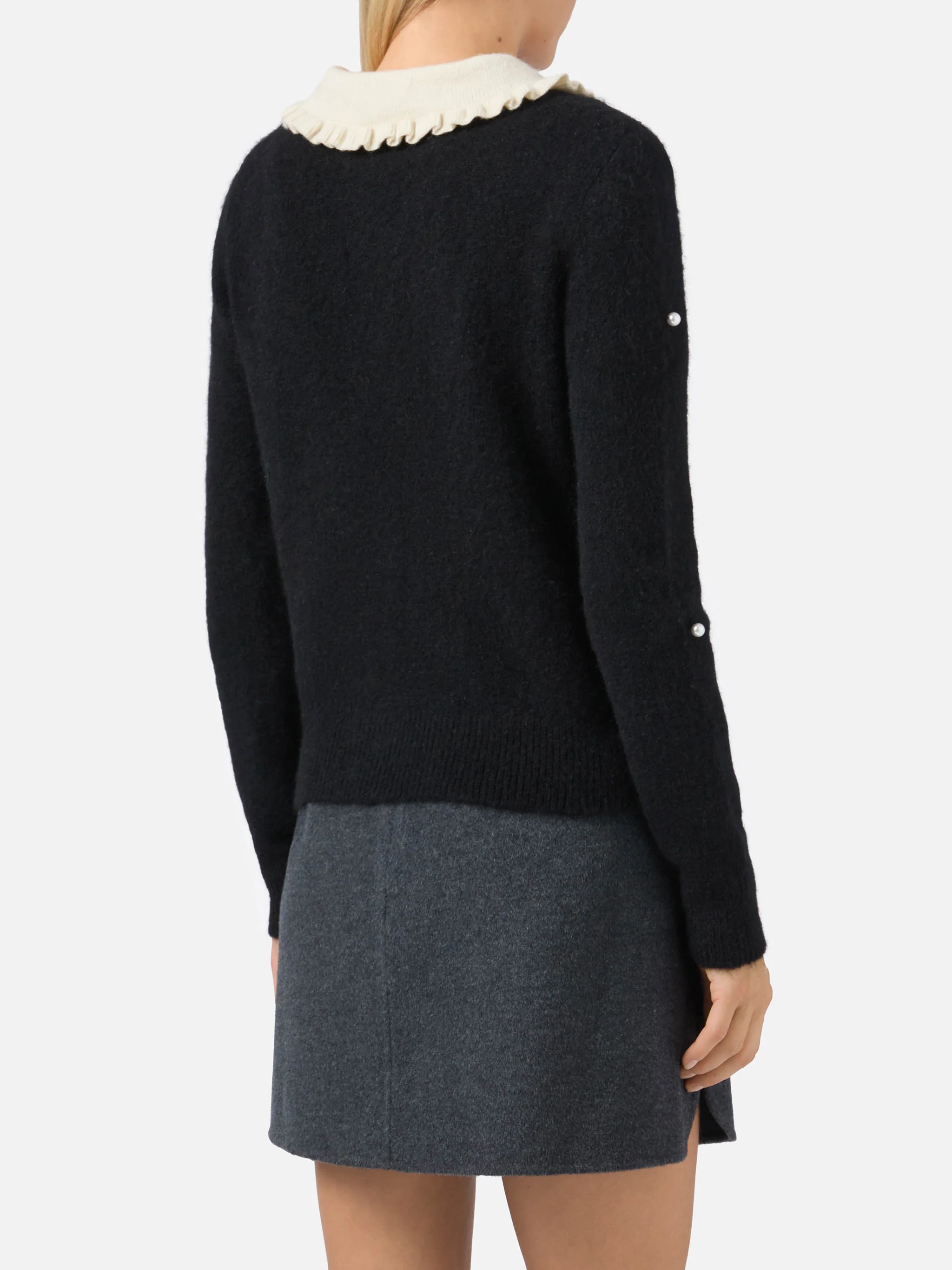 Black sweater Levine with bow, collar and pearl embellishment - Image 3