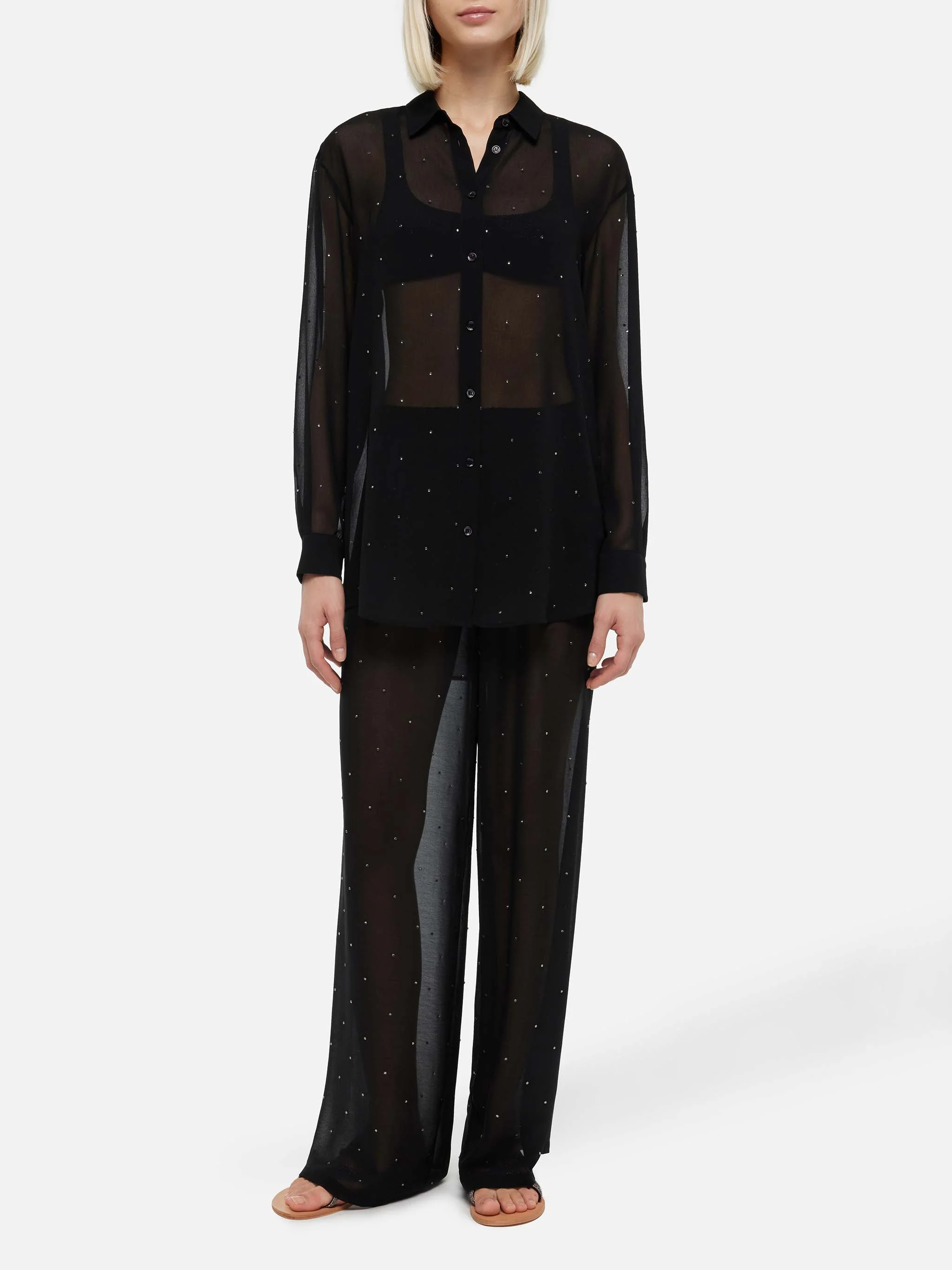 Amalia black wide-leg georgette trousers with rhinestone embellishment - Image 2
