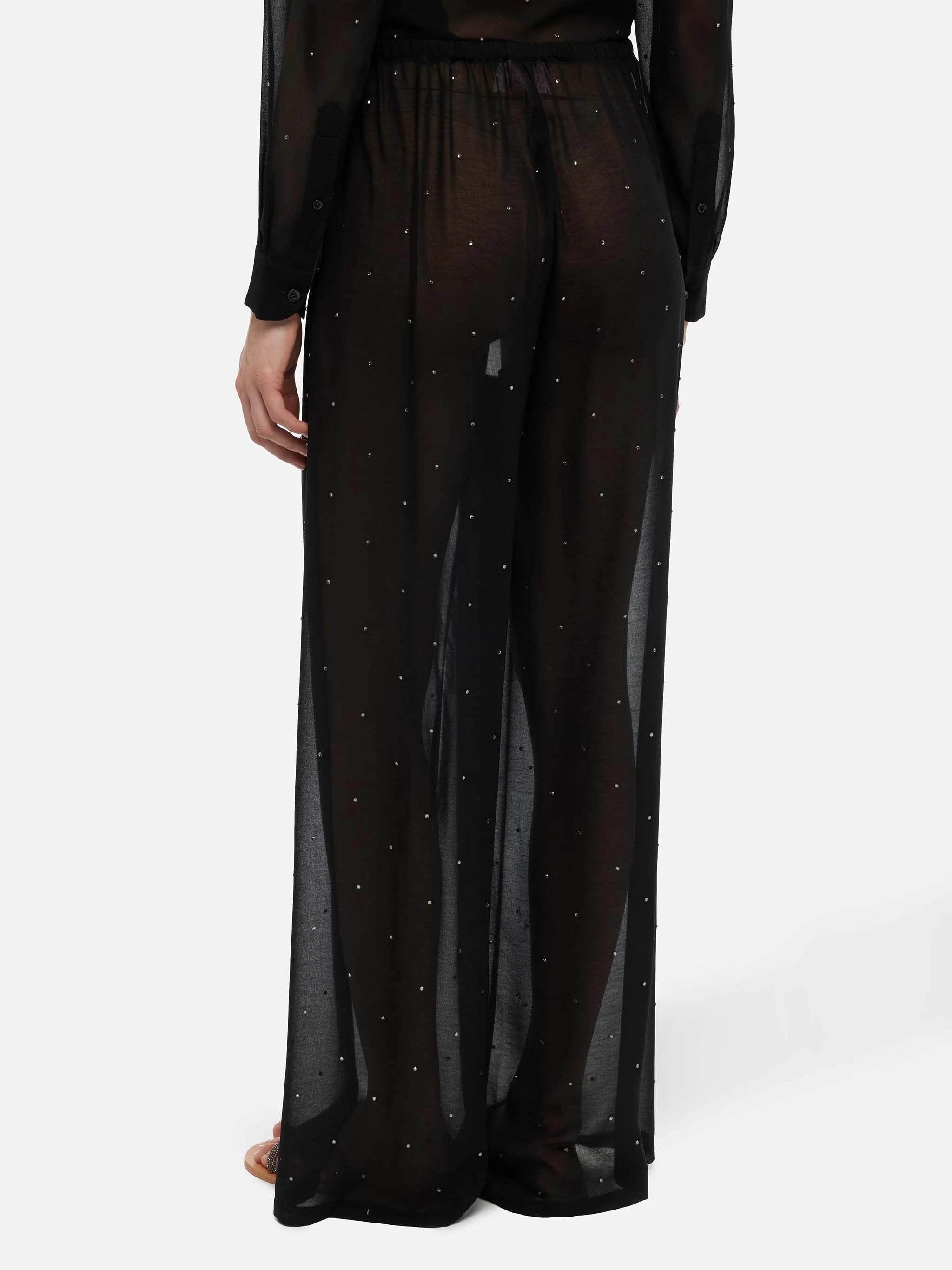 Amalia black wide-leg georgette trousers with rhinestone embellishment - Image 3
