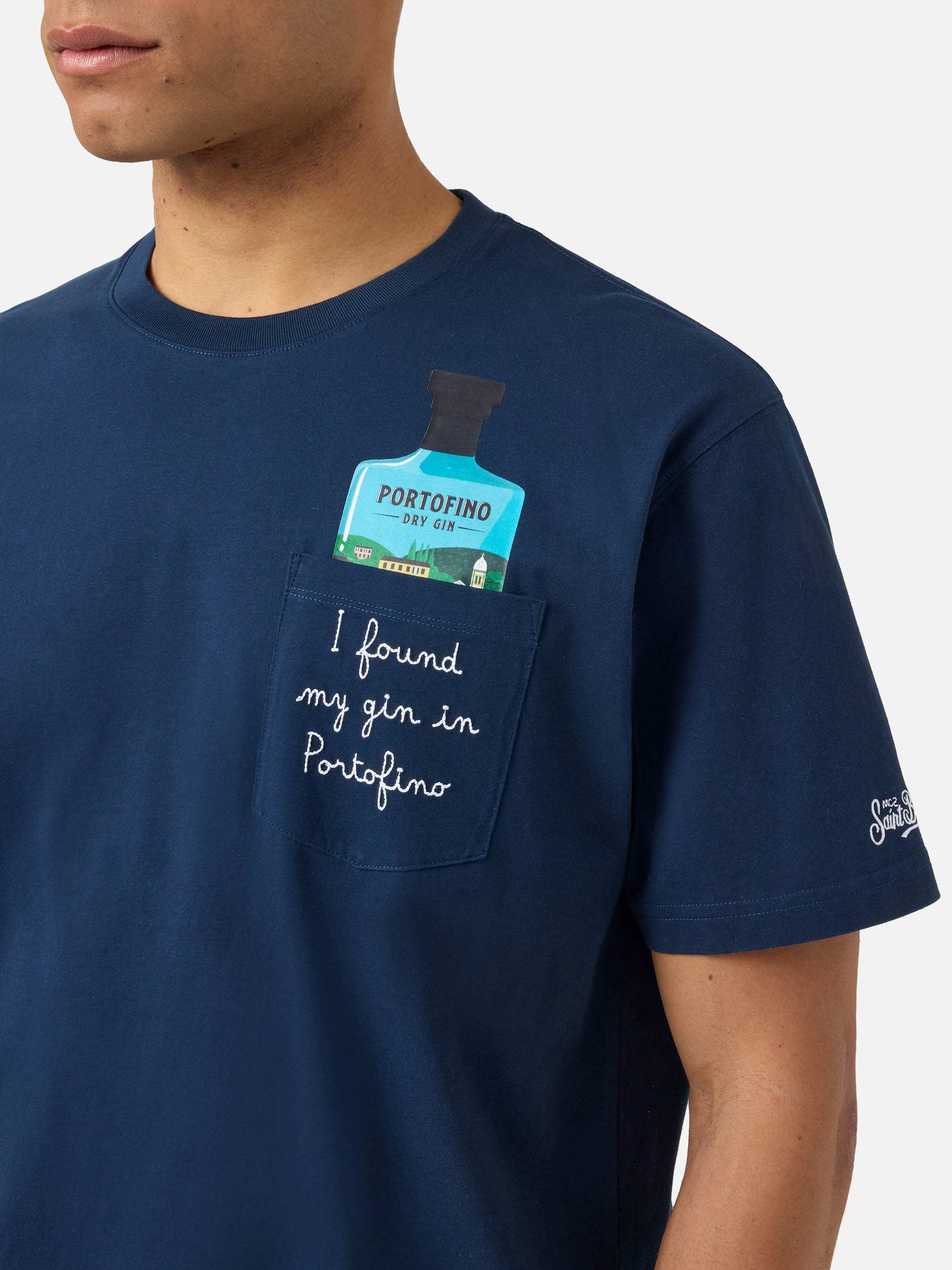 Blue Austin t-shirt with I Found My Gin In Portofino embroidery | Special Edition - Image 2