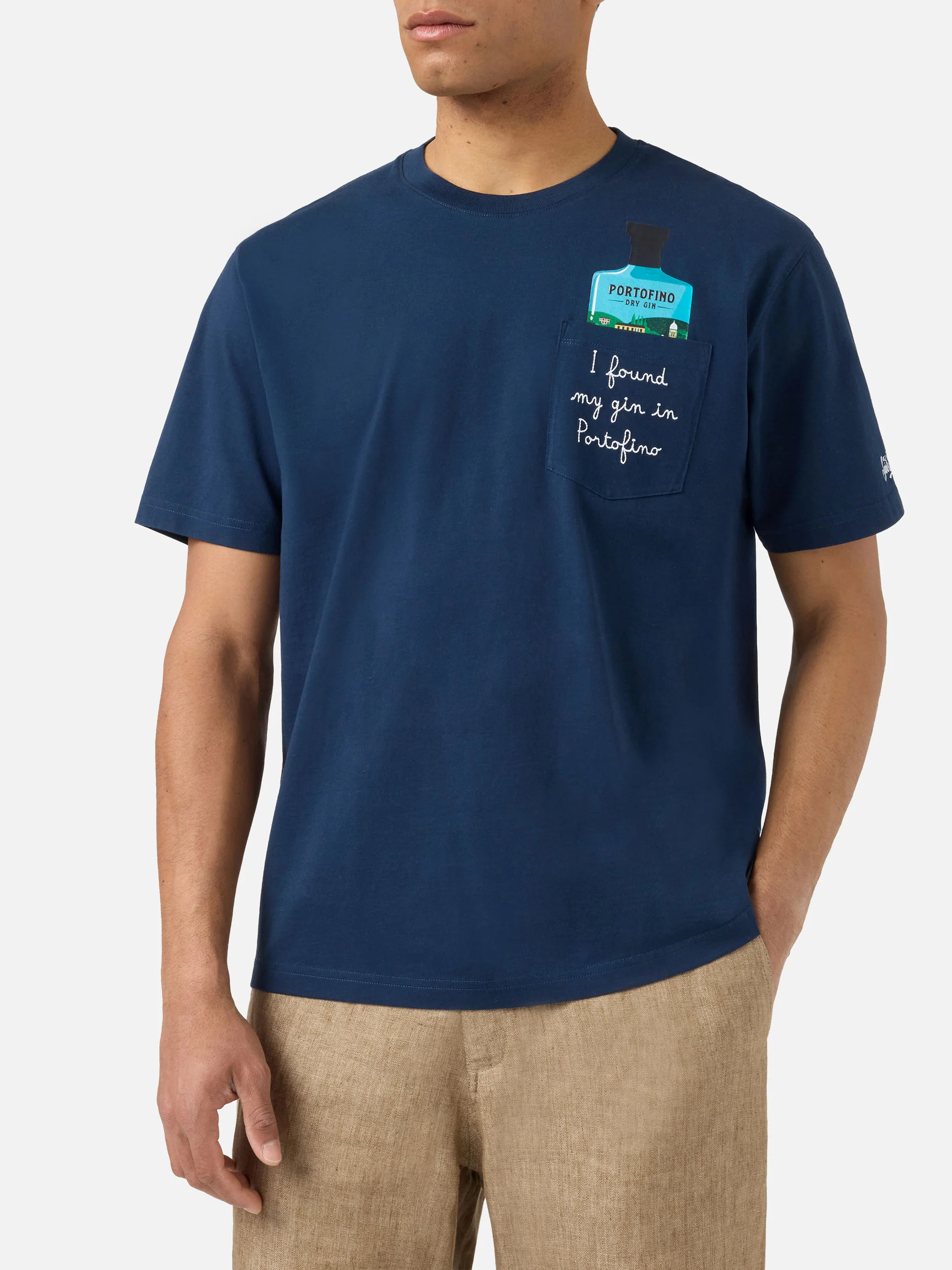Blue Austin t-shirt with I Found My Gin In Portofino embroidery | Special Edition - Image 3