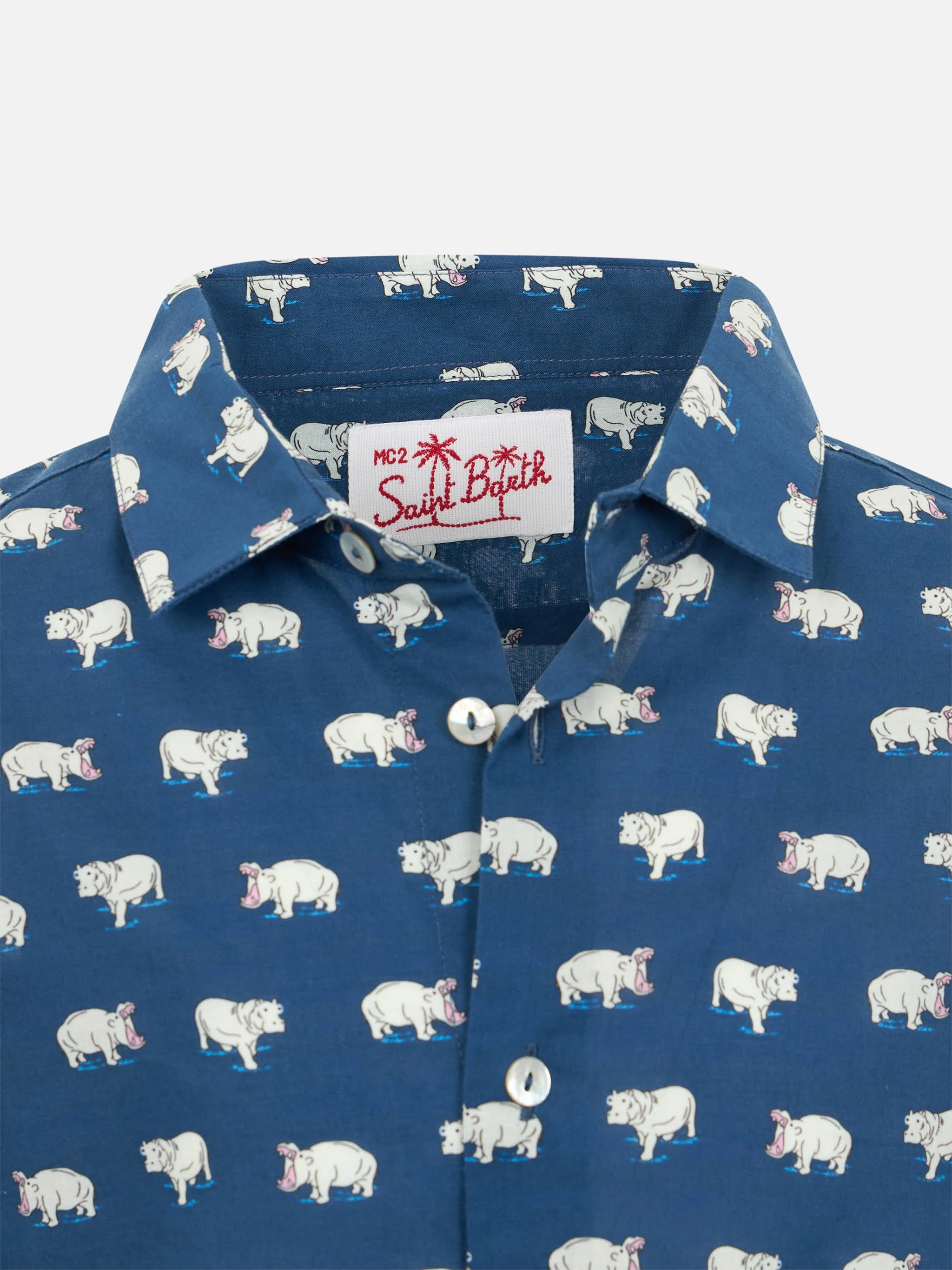 Blue Boy muslin cotton shirt Sharouk with micro hippo print - Image 3