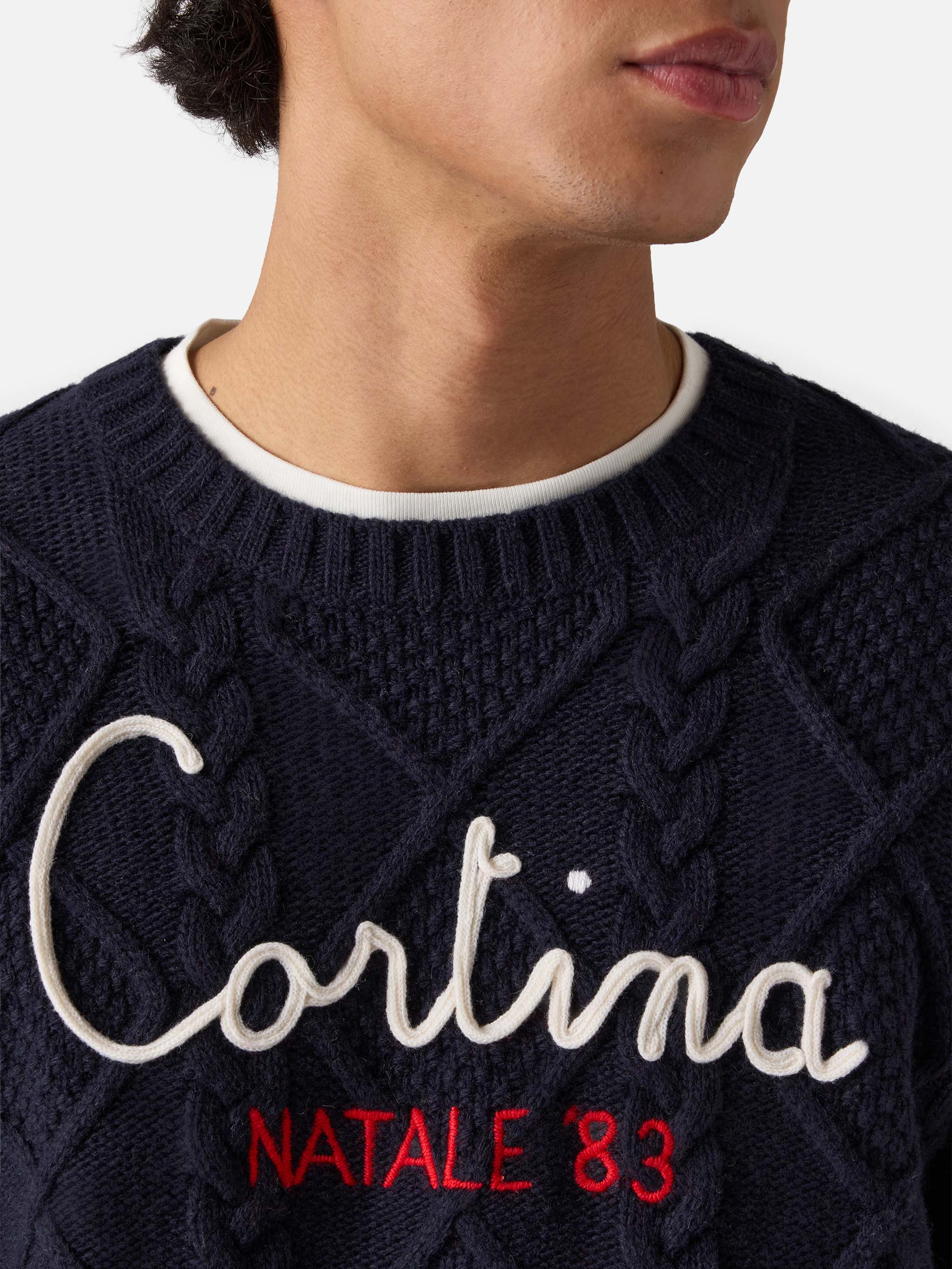 Blue crewneck sweater Bergen Tricot with Cortina Natale '83 embroidery - Image 2