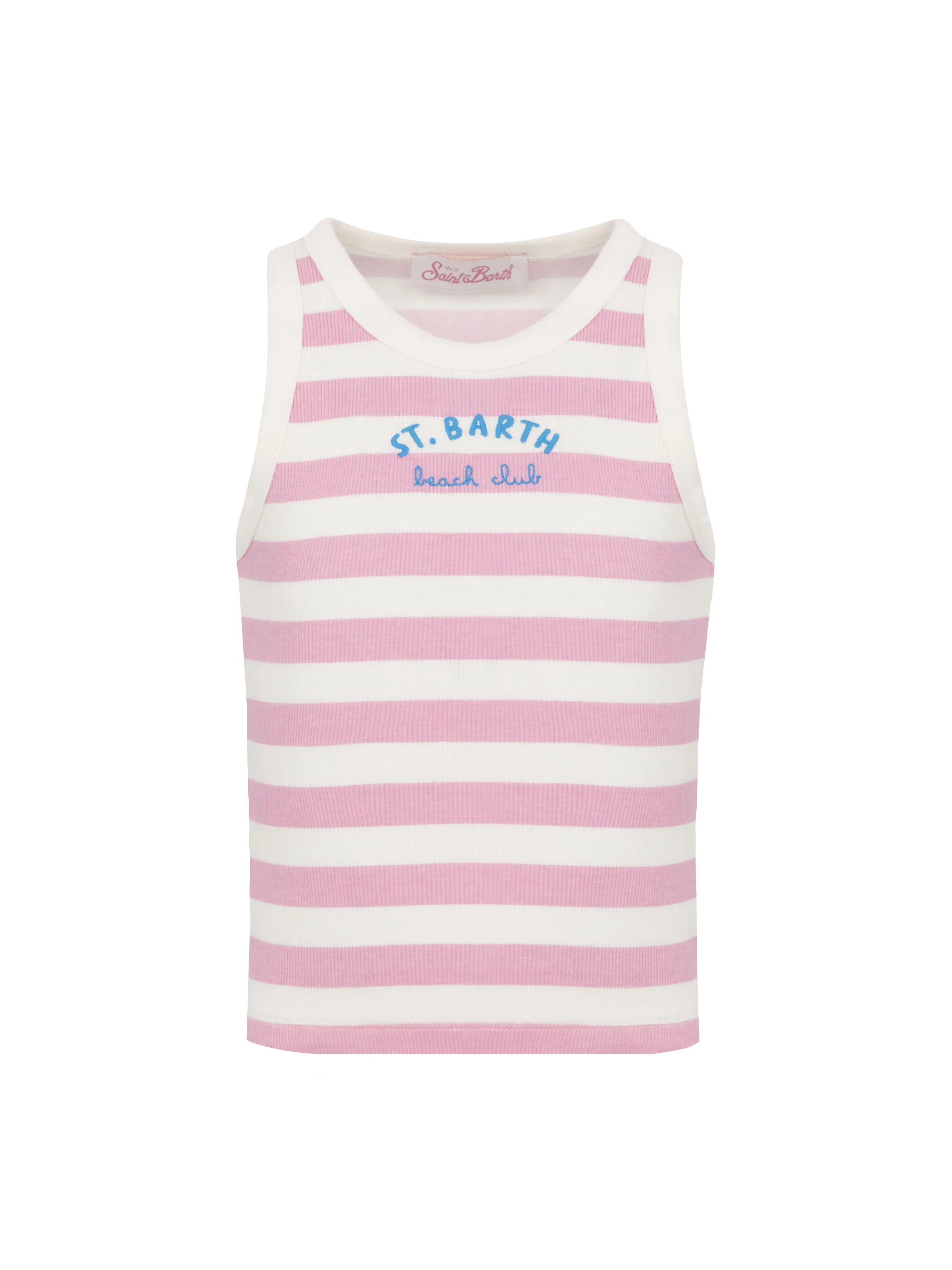 Blue Jr pink striped rib-knit cotton crop tank with embroidery
