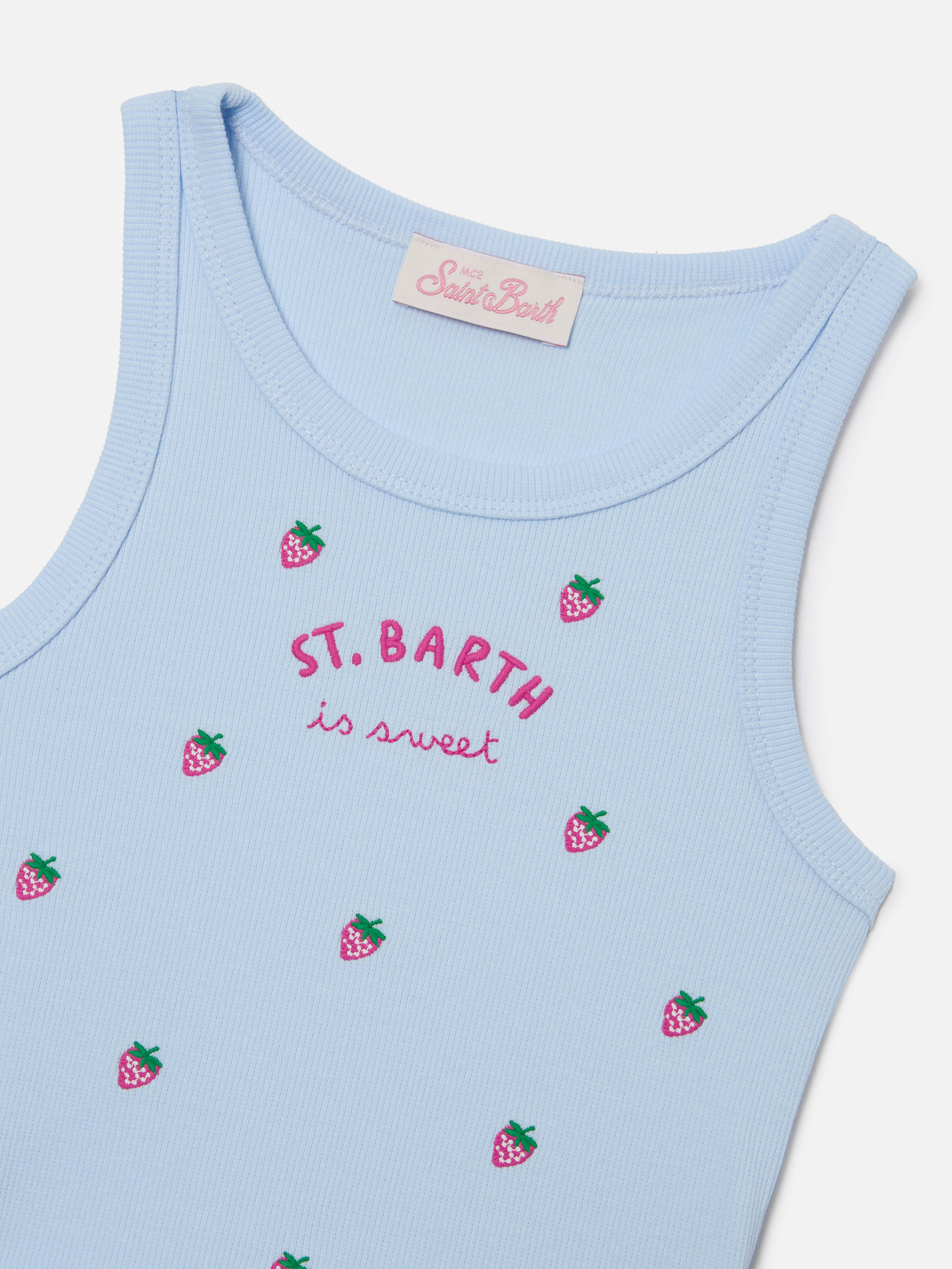 Blue Jr Tank-Top in light blue with St. Barth is sweet embroidery and strawberries - Image 2