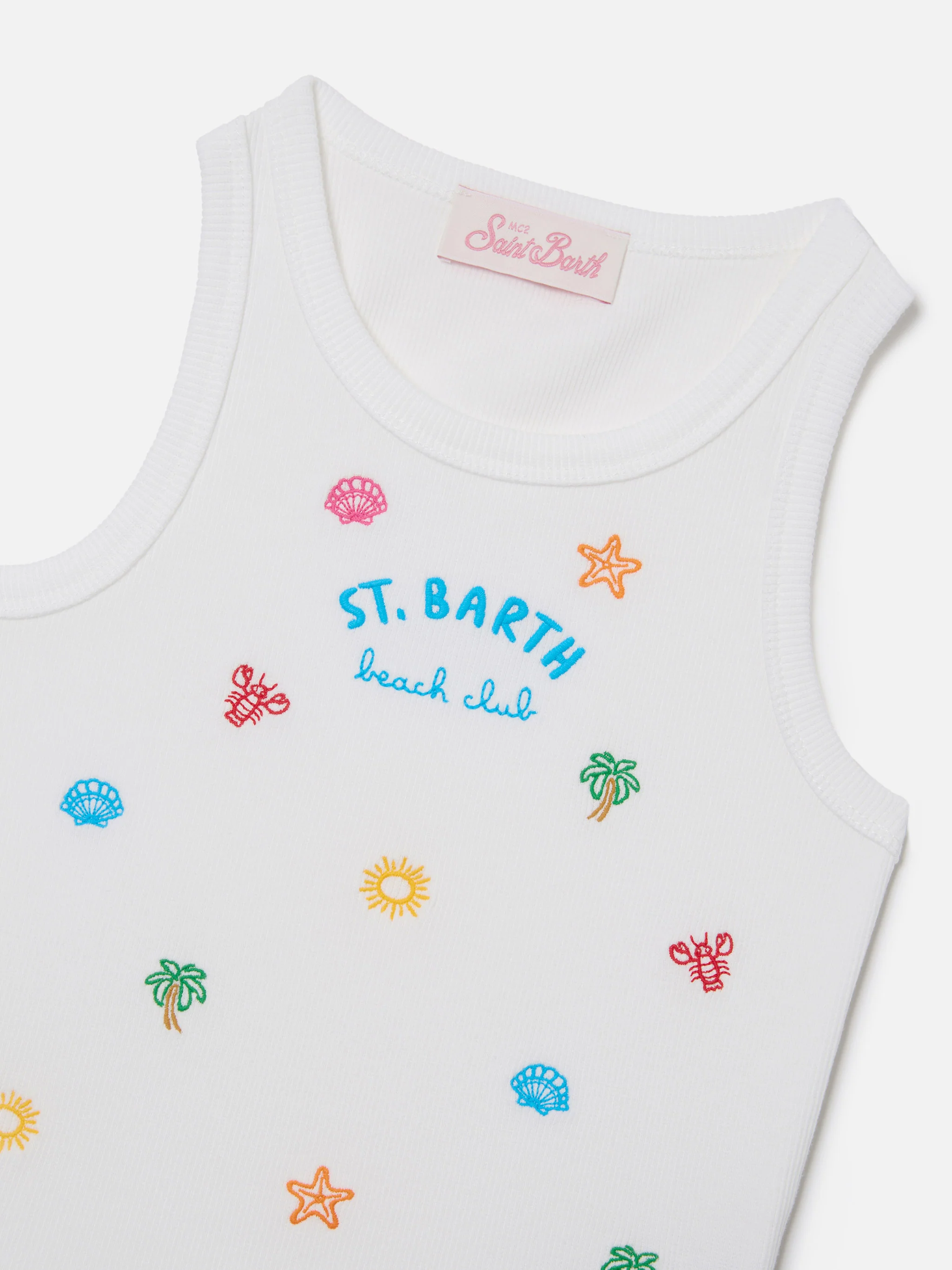 Blue Jr Tank-Top in white stretch cotton with multicolor embroidery - Image 2