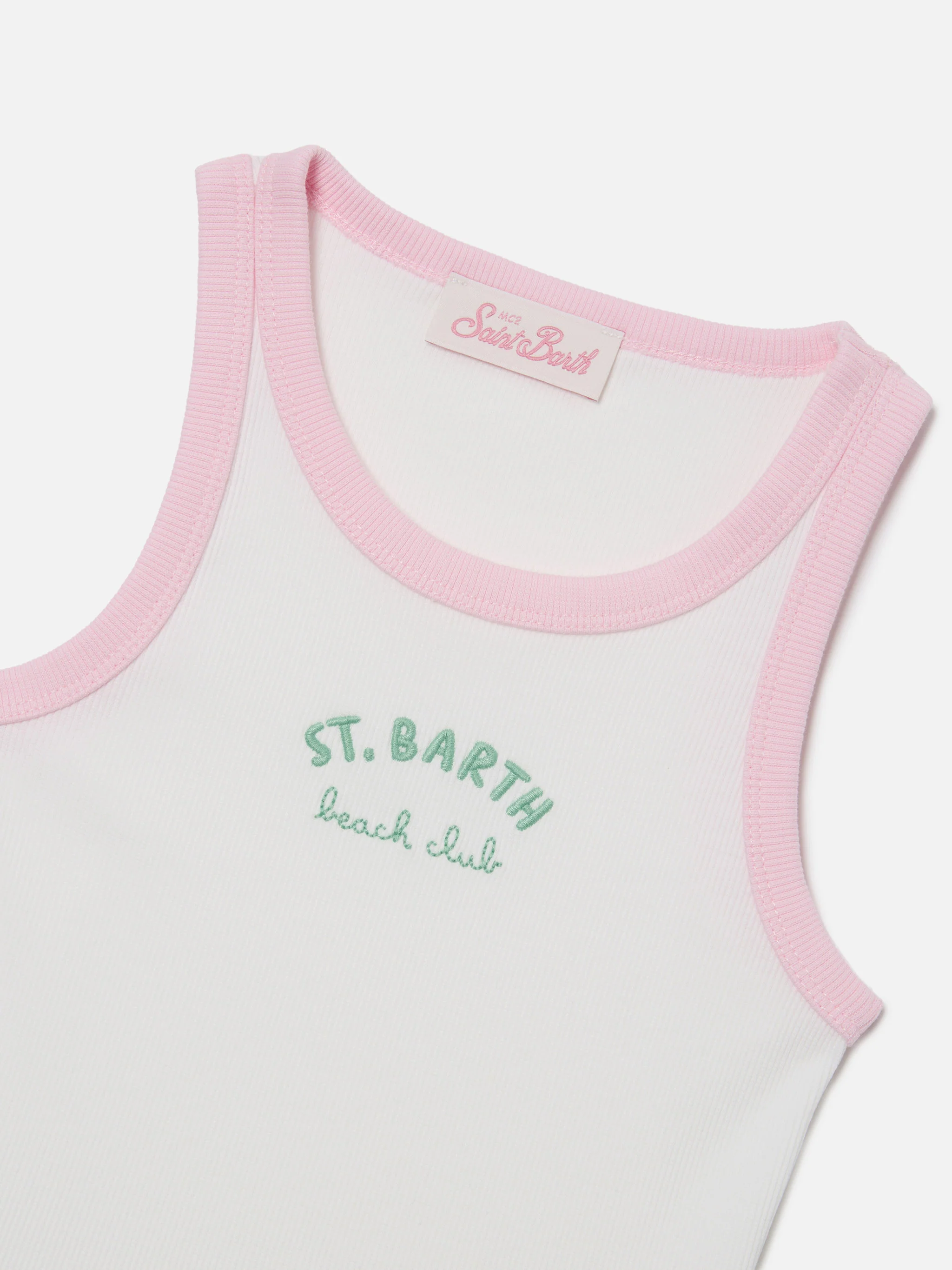 Blue Jr Tank-Top in white with embroidered logo and pink trims - Image 2