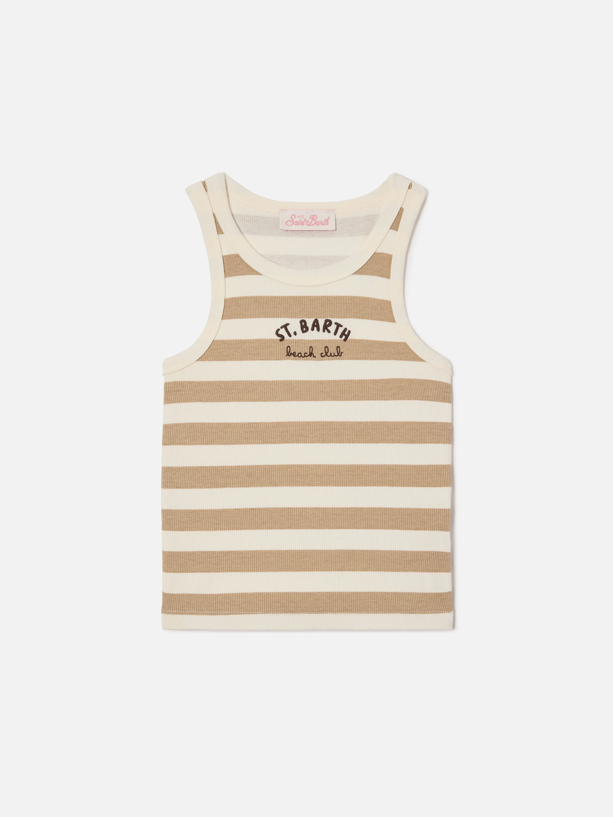 Blue Jr Tank-Top with beige and white stripes and embroidered logo - Image 2