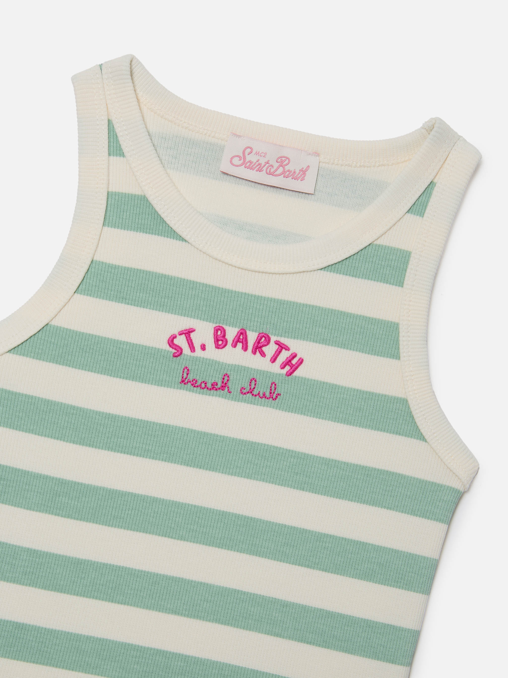 Blue Jr Tank-Top with green and white stripes and embroidered logo - Image 2