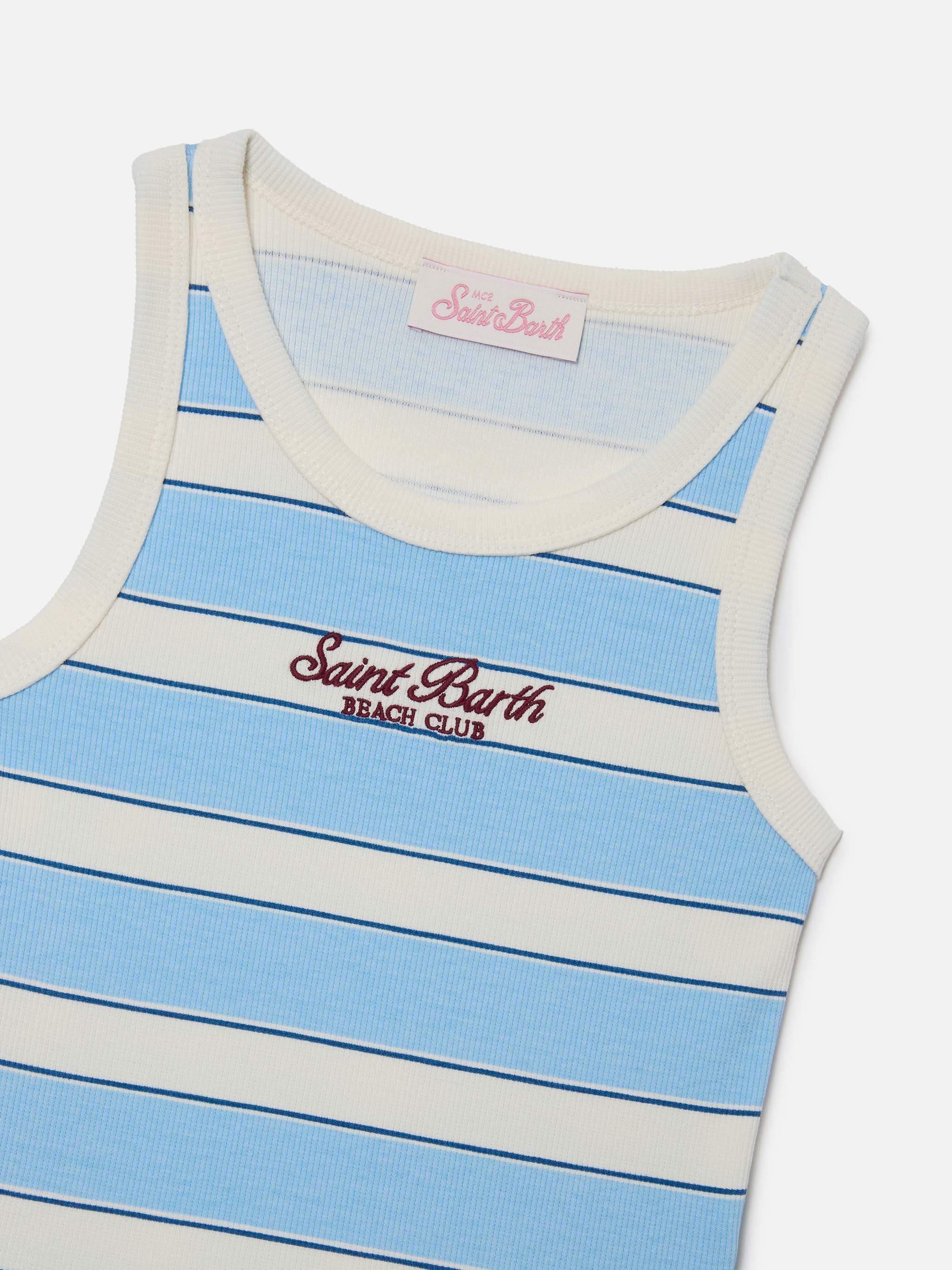 Blue Jr Tank-Top with light blue and cream stripes and embroidered logo - Image 2