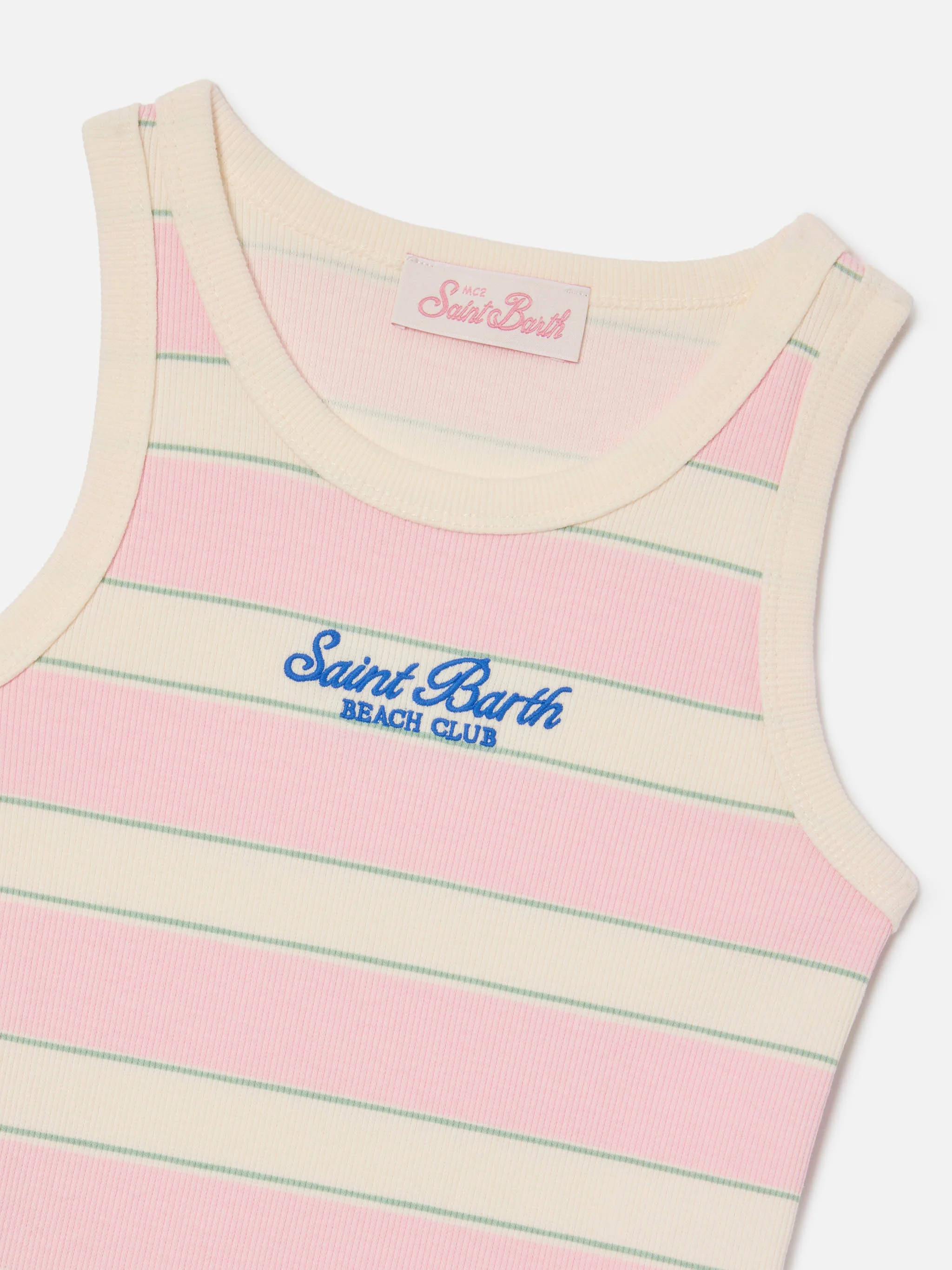 Blue Jr Tank-Top with pink, white and green stripes and embroidered logo - Image 3