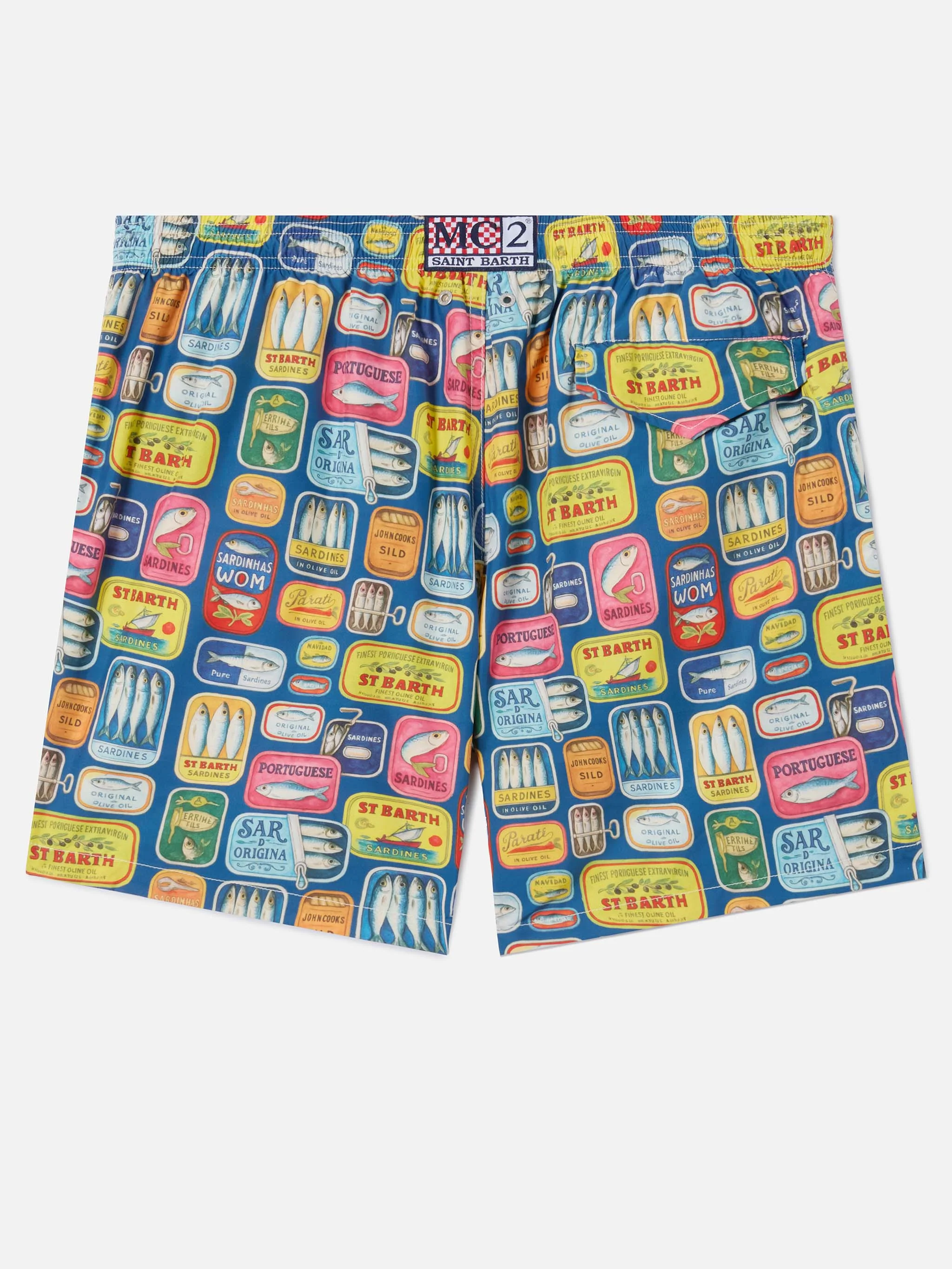 Blue Lighting swim shorts with all-over sardine tins print - Image 2