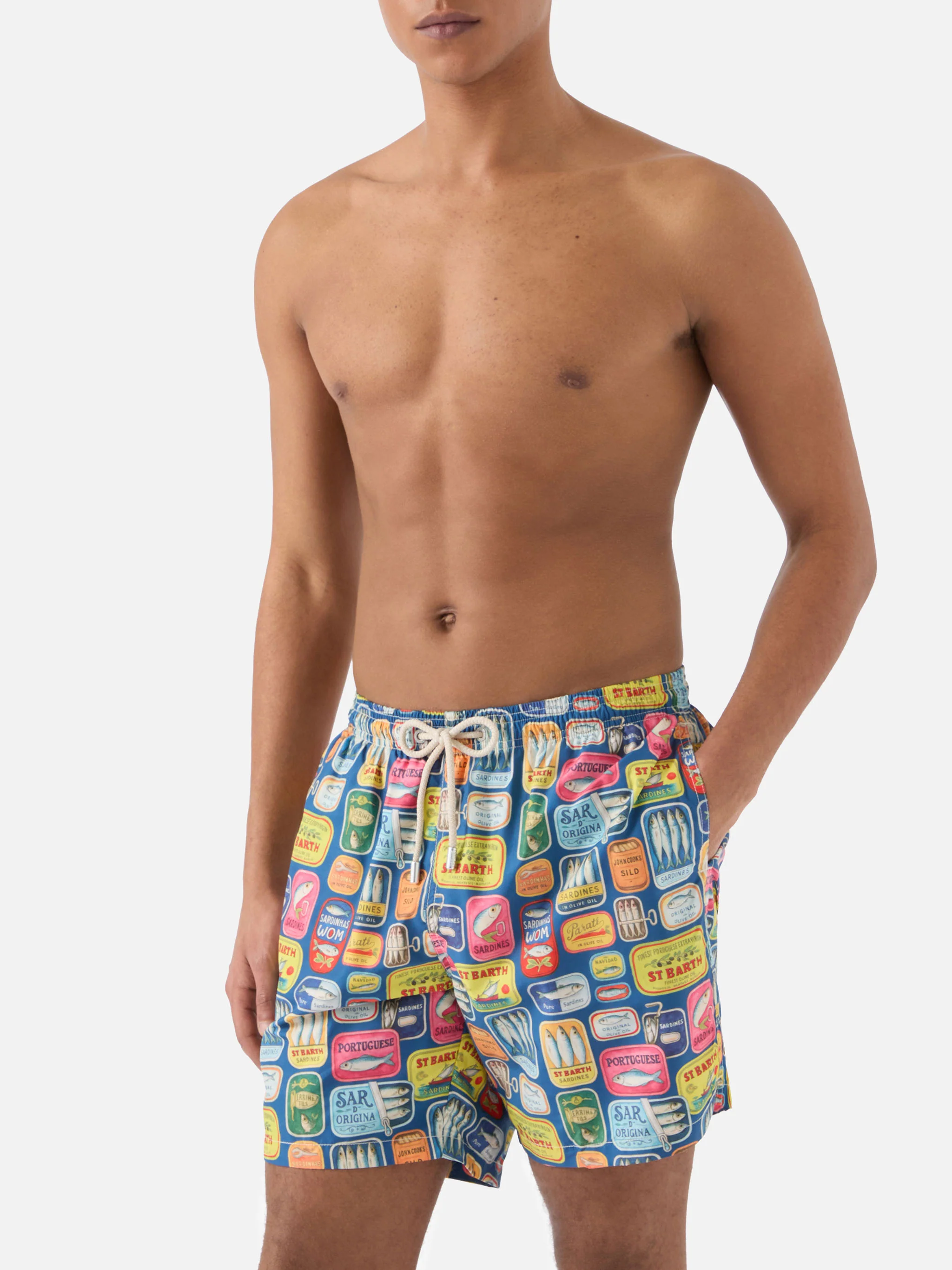 Blue Lighting swim shorts with all-over sardine tins print - Image 3