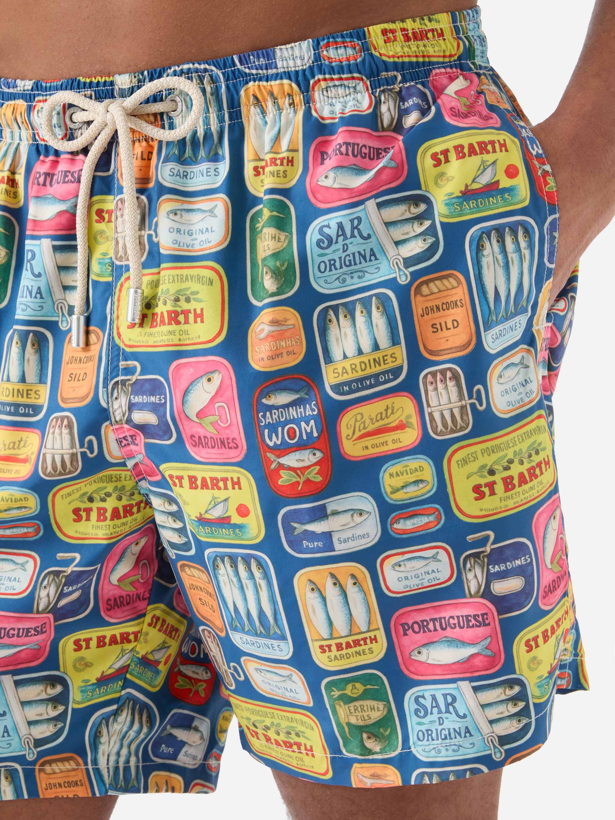 Blue Lighting swim shorts with all-over sardine tins print - Image 4