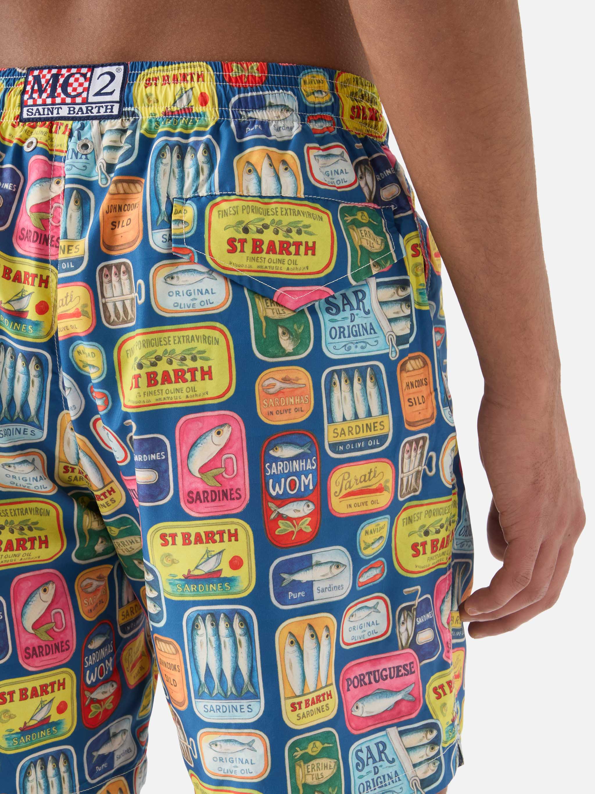 Blue Lighting swim shorts with all-over sardine tins print - Image 5