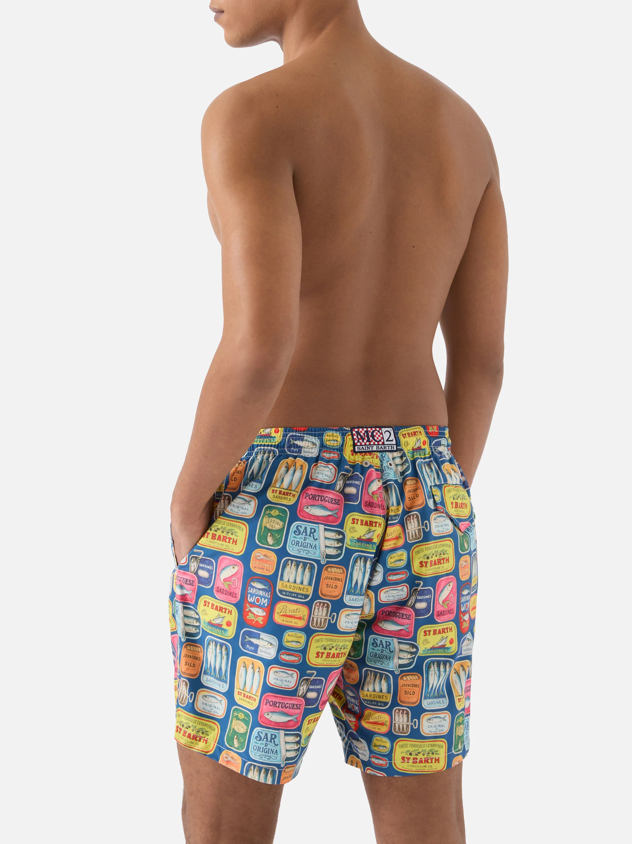 Blue Lighting swim shorts with all-over sardine tins print - Image 6