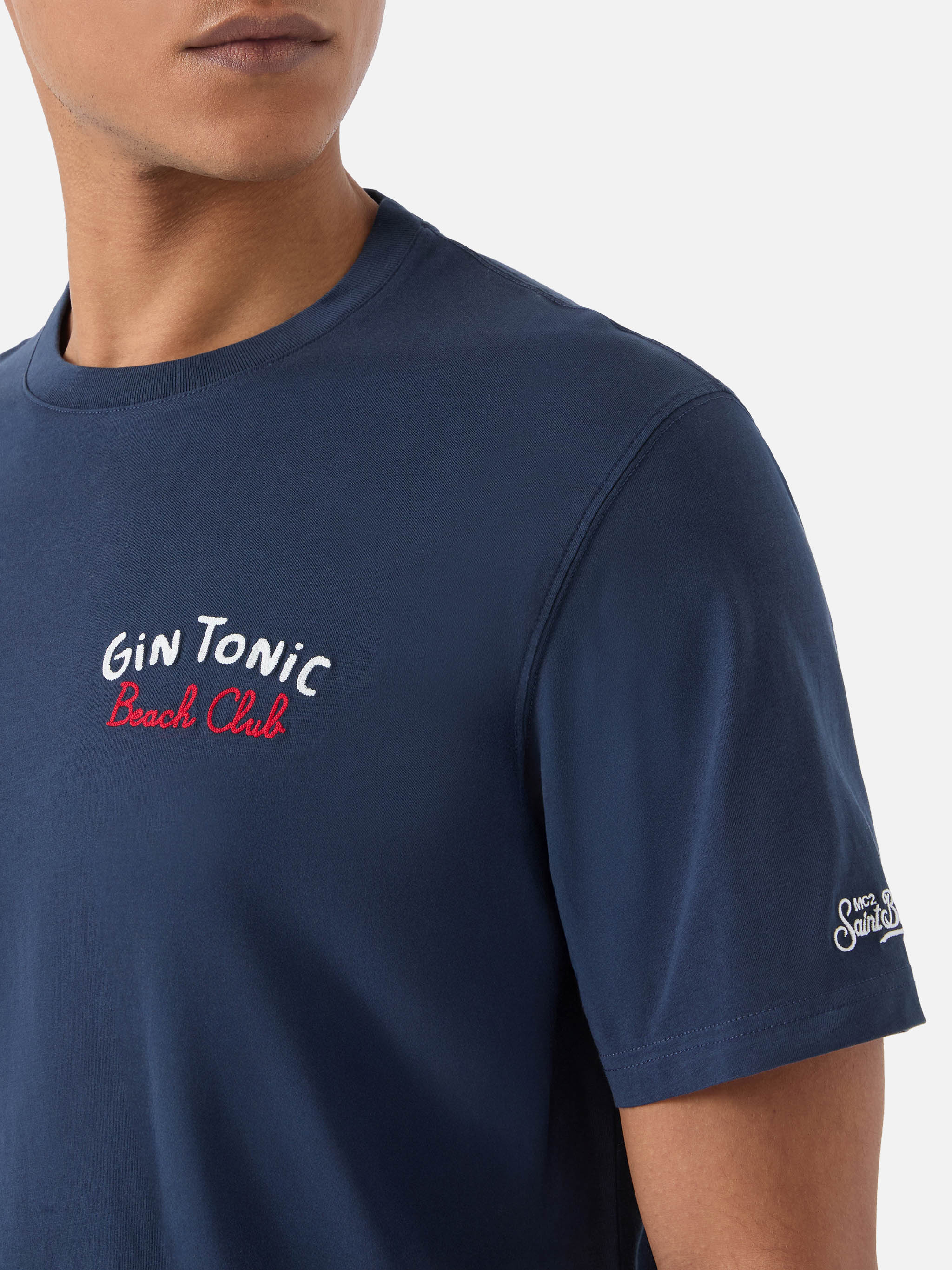 Blue Portland t-shirt with Gin Tonic Beach Club front/back embroidery - Image 2