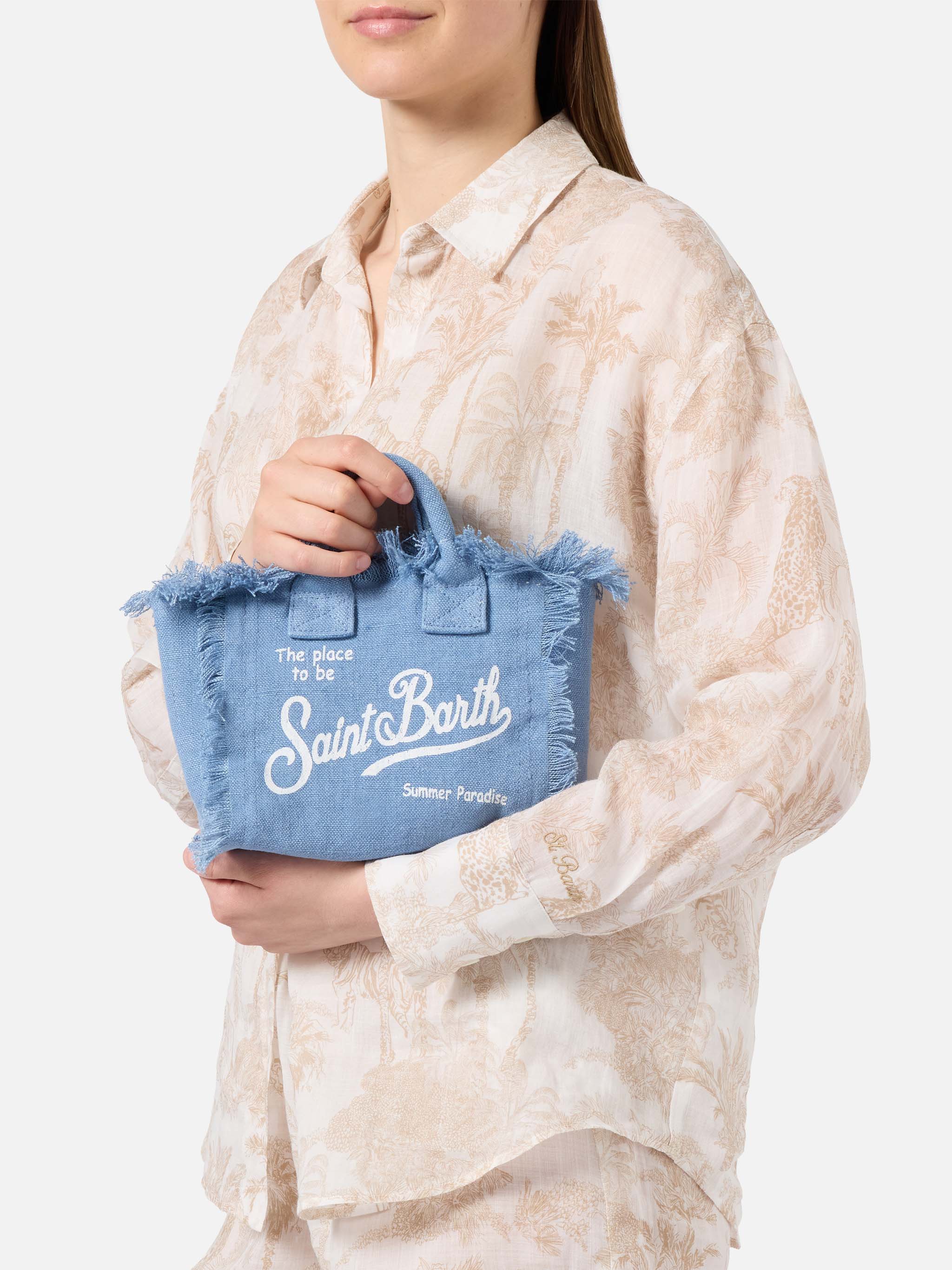 Blue solid color linen Vanity mini bag with removable strap - Image 2