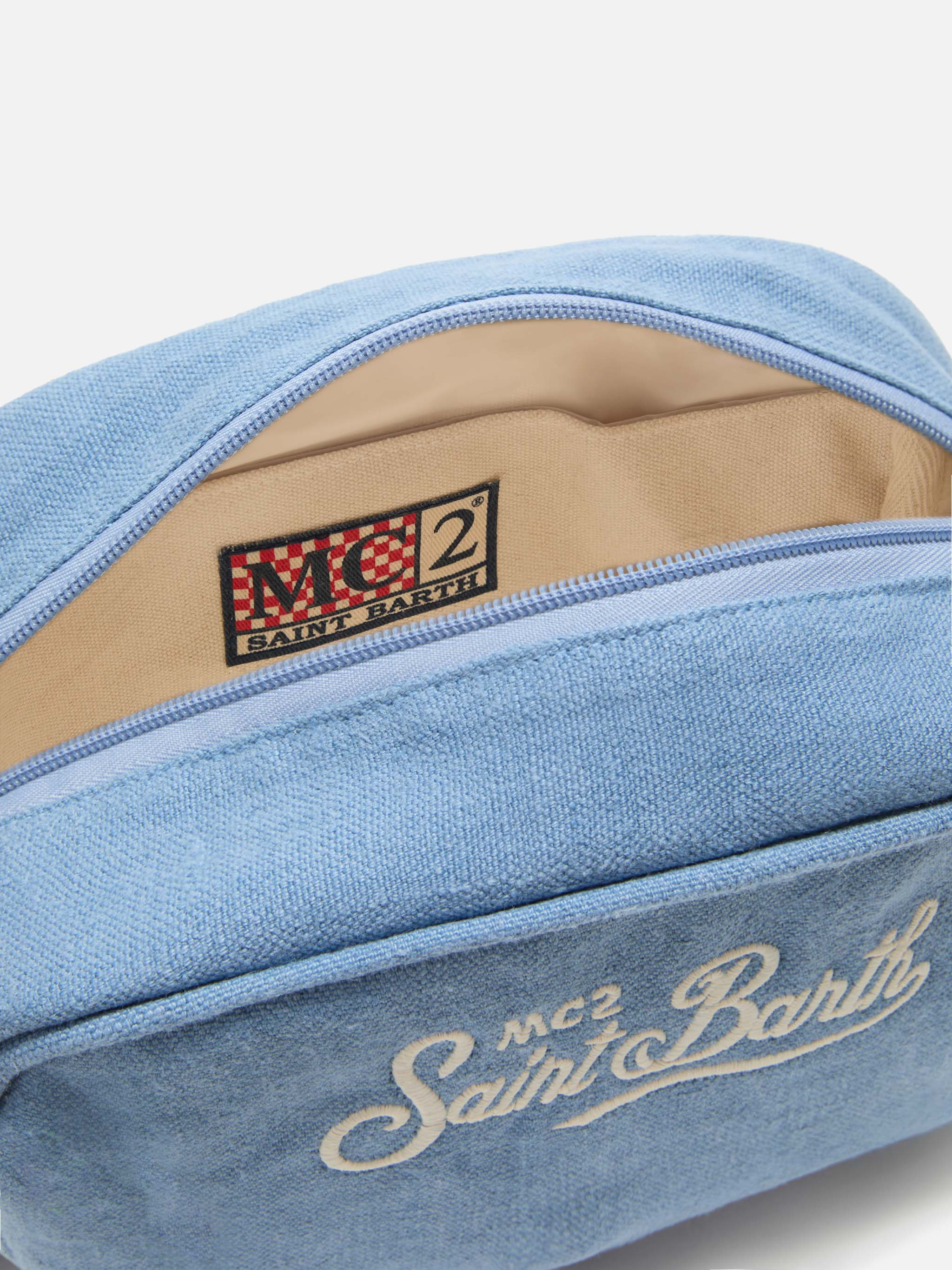 Blue Westwood linen beauty bag with embroidered logo - Image 4