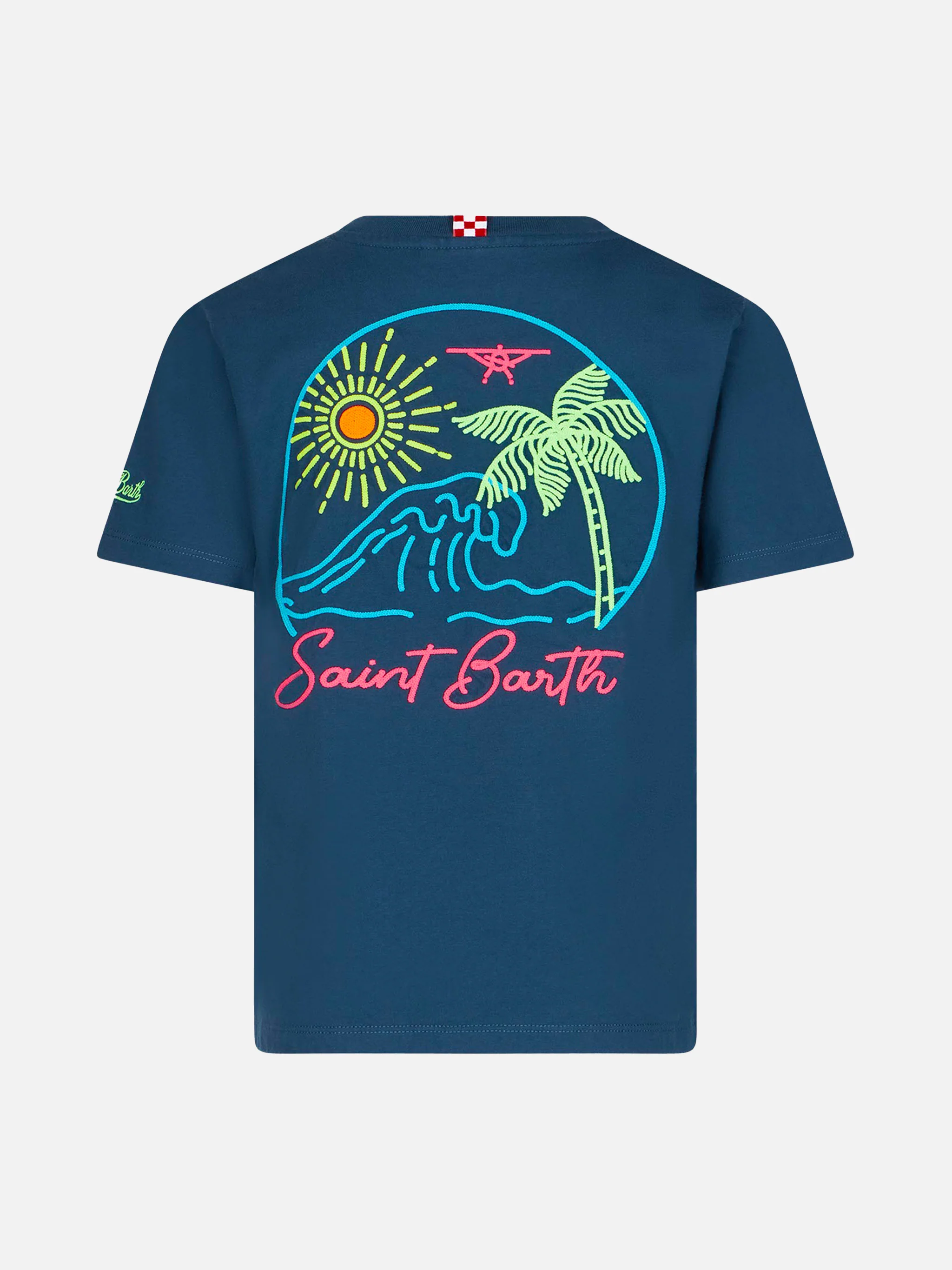 Boy blue cotton t-shirt with St. Barth beach print - Image 3
