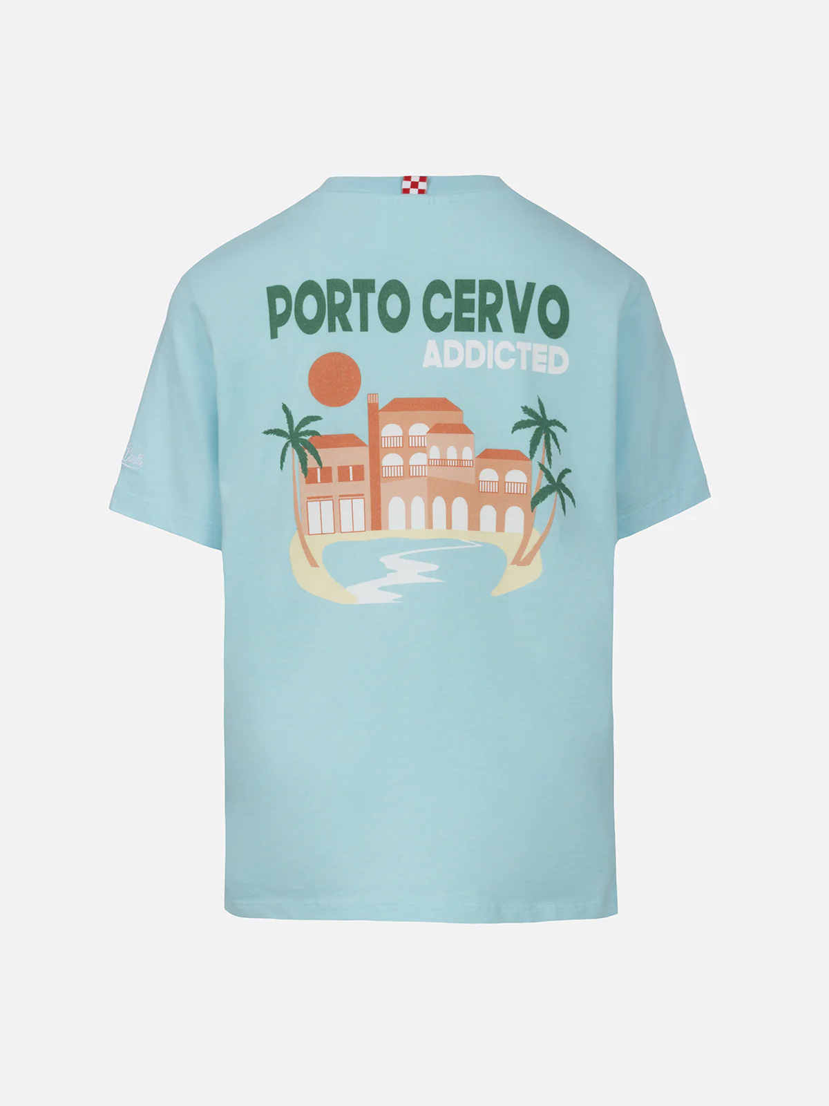 Boy cotton t-shirt with Porto Cervo addicted postcard print - Image 3
