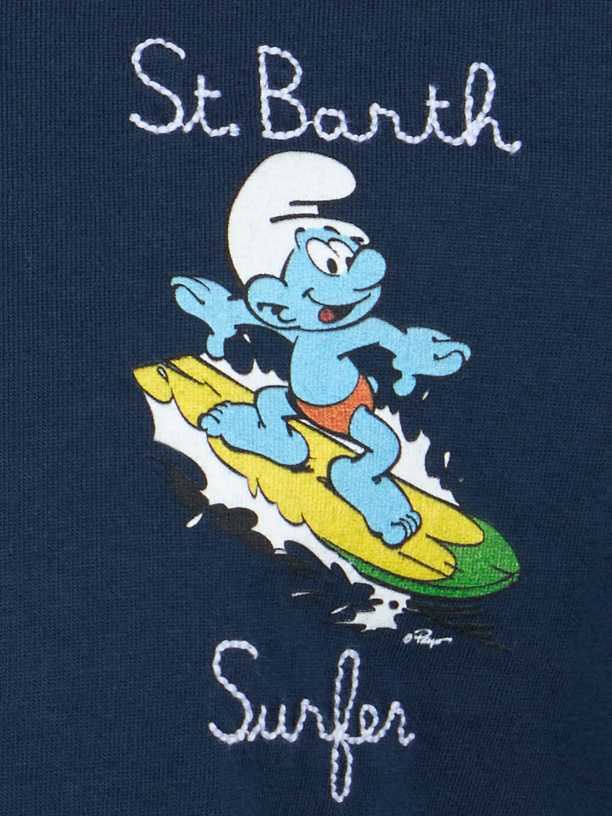Boy cotton t-shirt with Smurf print and St. Barth Surfer embroidery | THE SMURF SPECIAL EDITION - Image 2