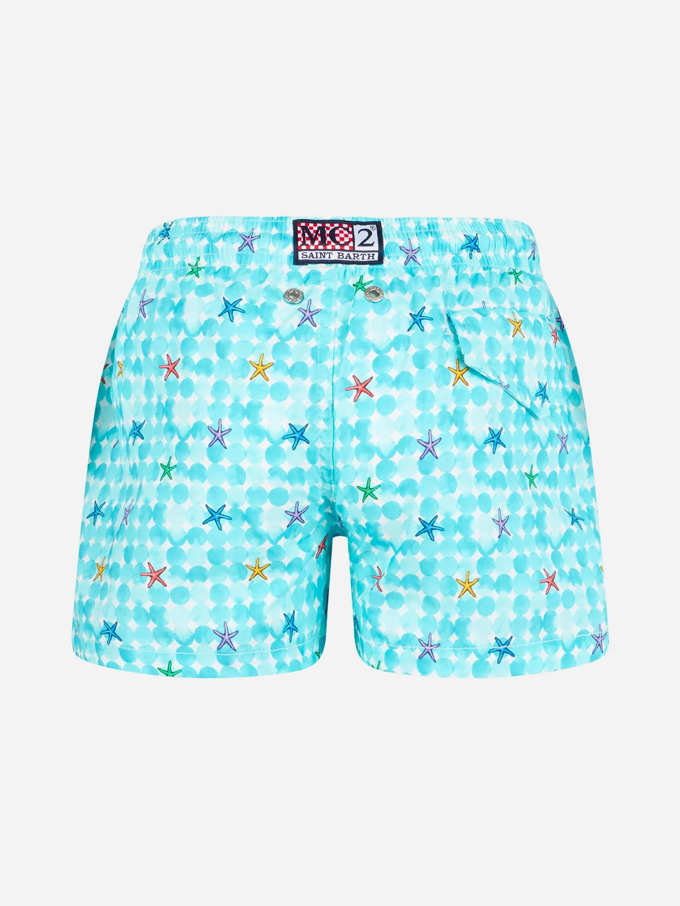Boy light blue swim shorts with starfish print and comfort fabric - Image 2