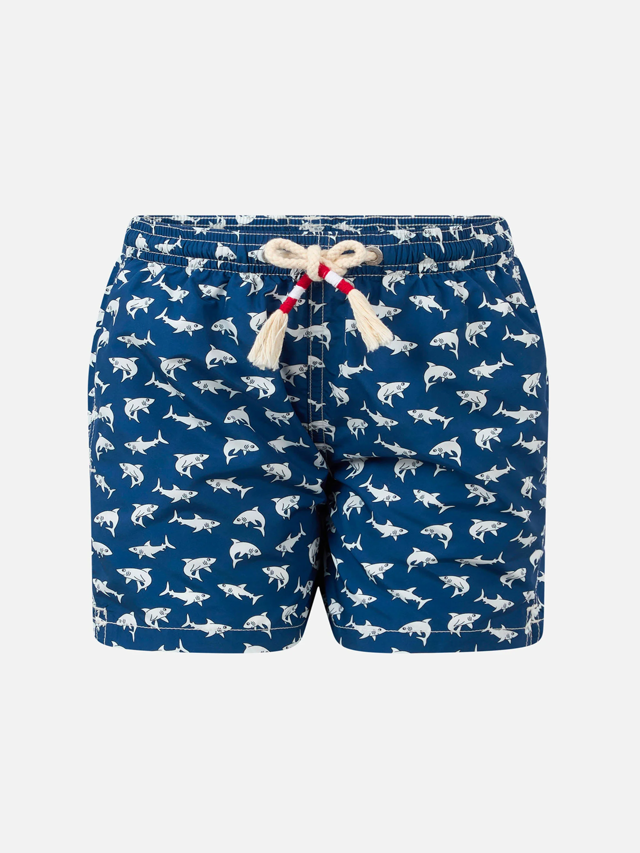 Boy lightweight fabric swim-shorts Jean Lighting 70 with sharks print
