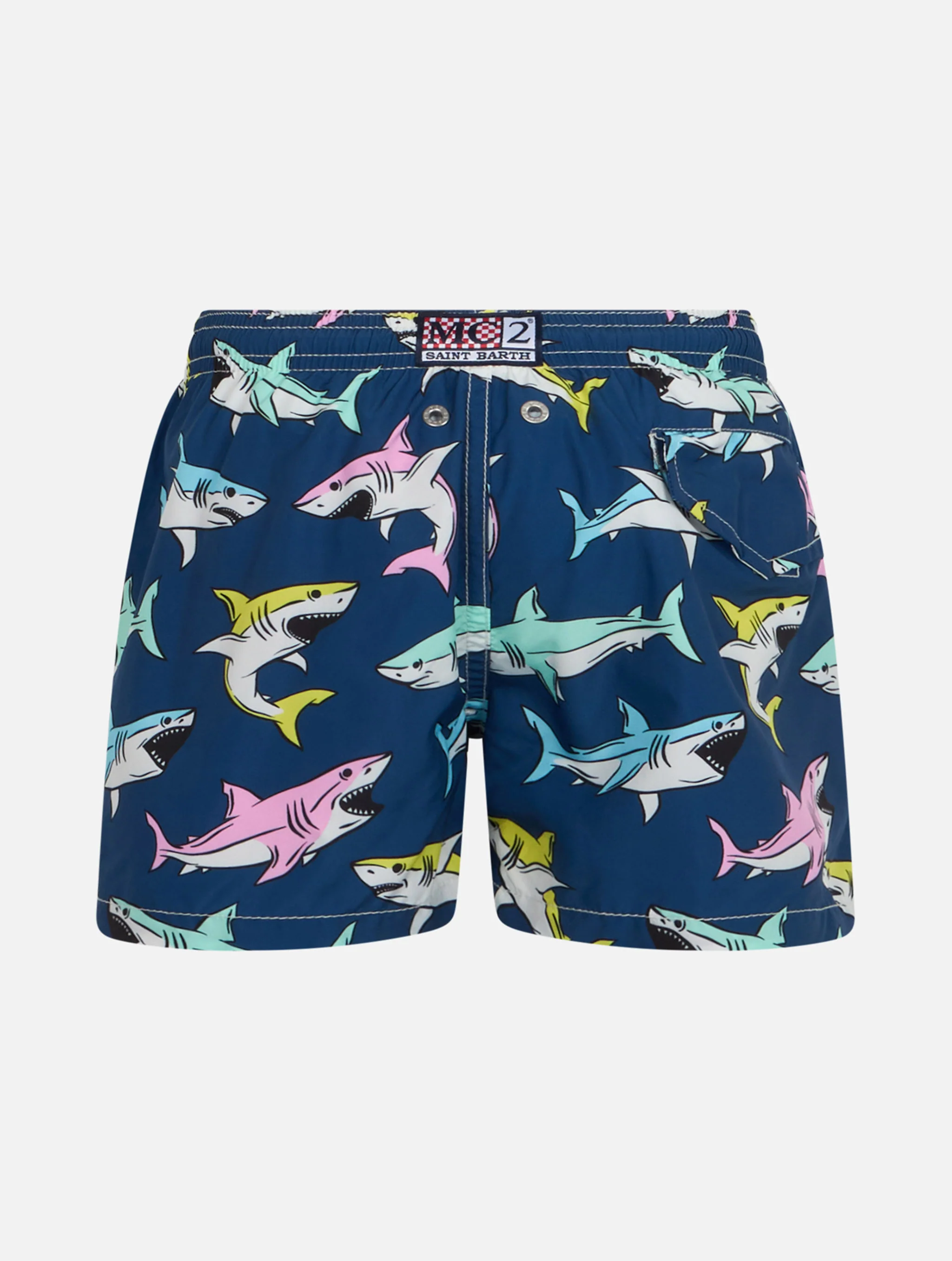 Boy lightweight fabric swim-shorts Jean Lighting with sharks print - Image 2