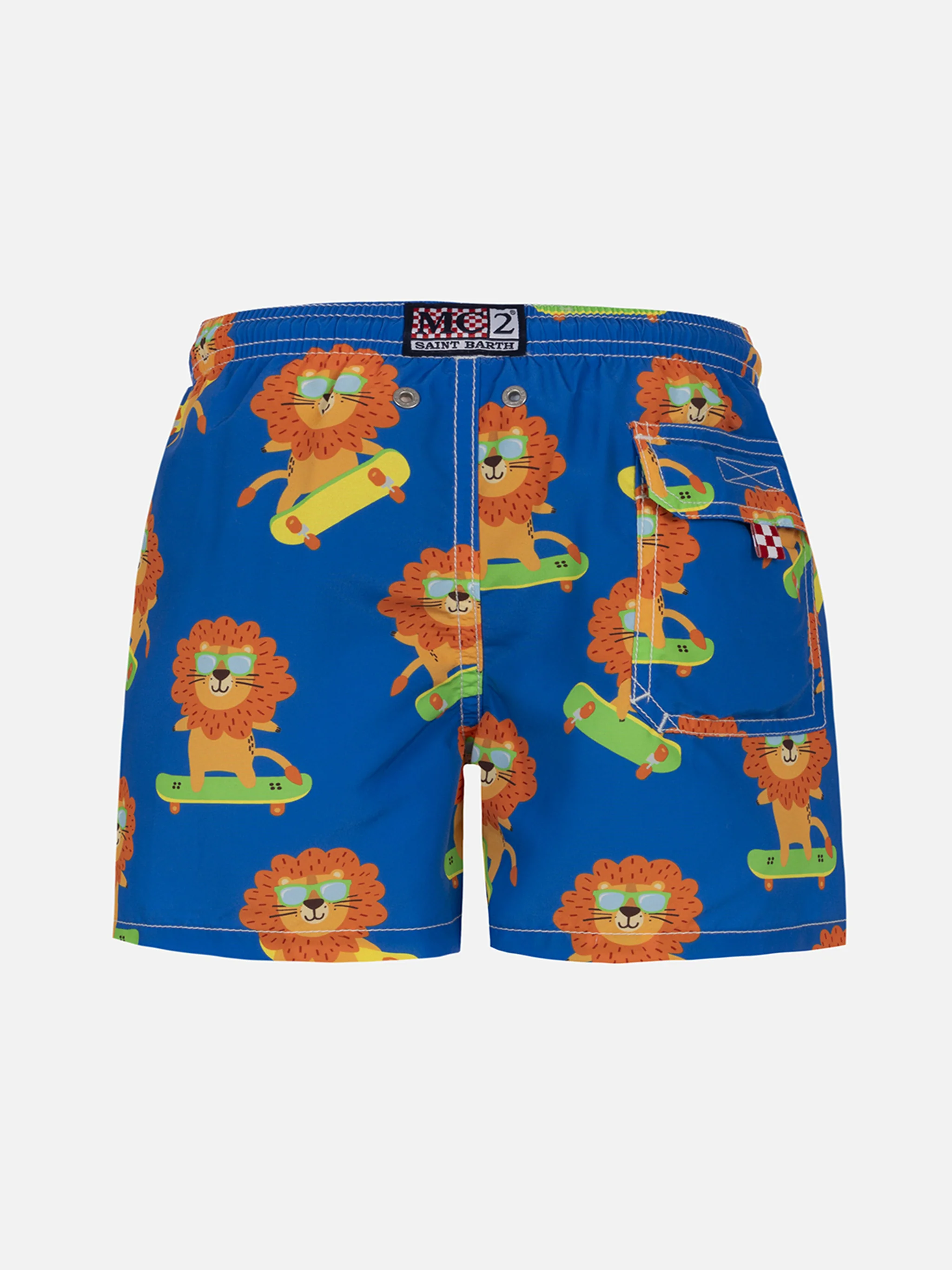 Boy mid-length Jean swim-shorts with skating leo print - Image 2