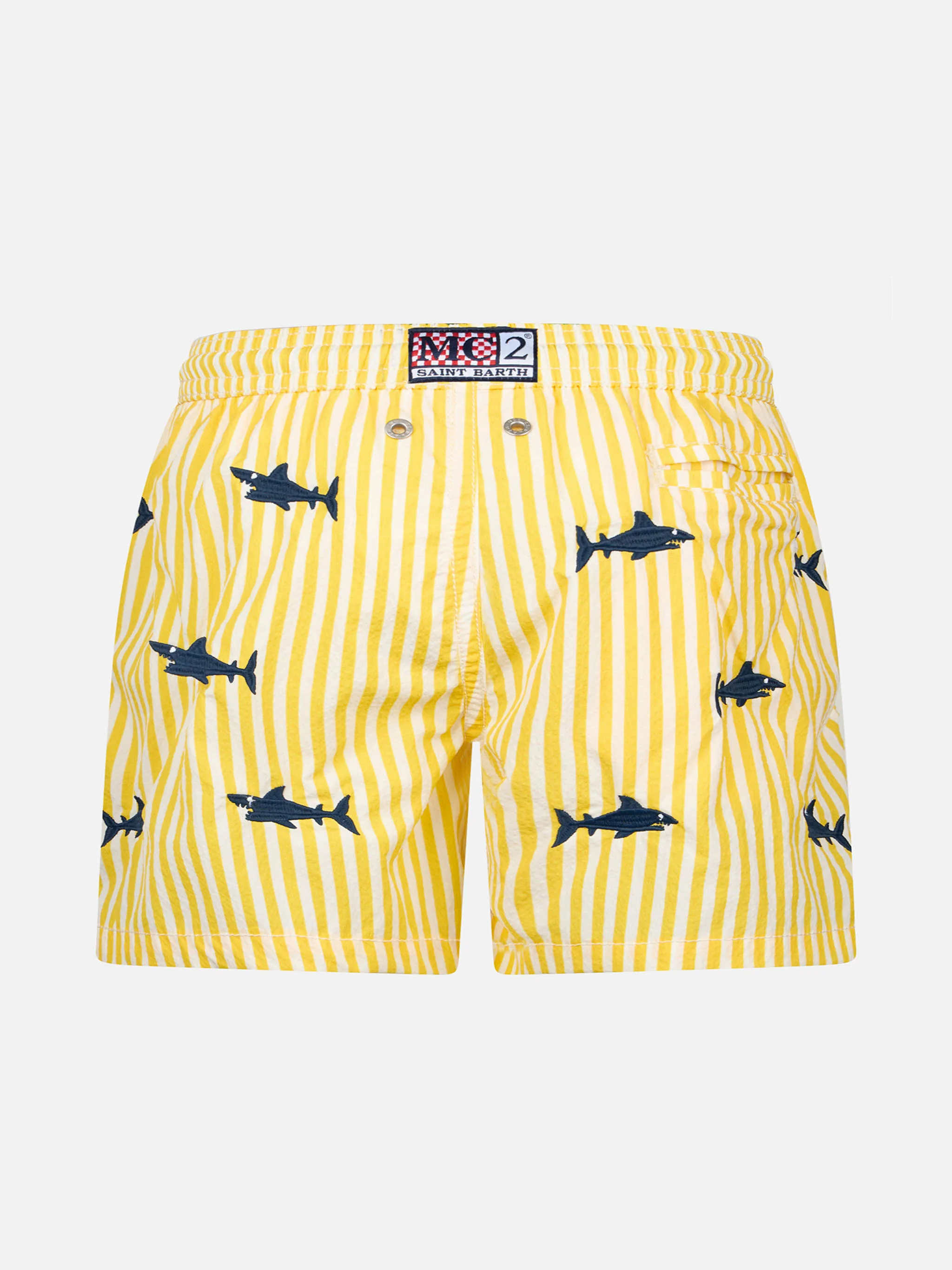 Boy seersucker swim-shorts Jean with sharks embroidery - Image 2