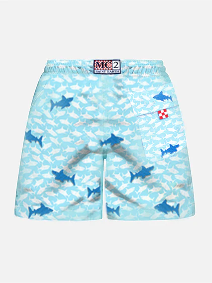 Boy swim shorts with embroidered sharks - Image 2
