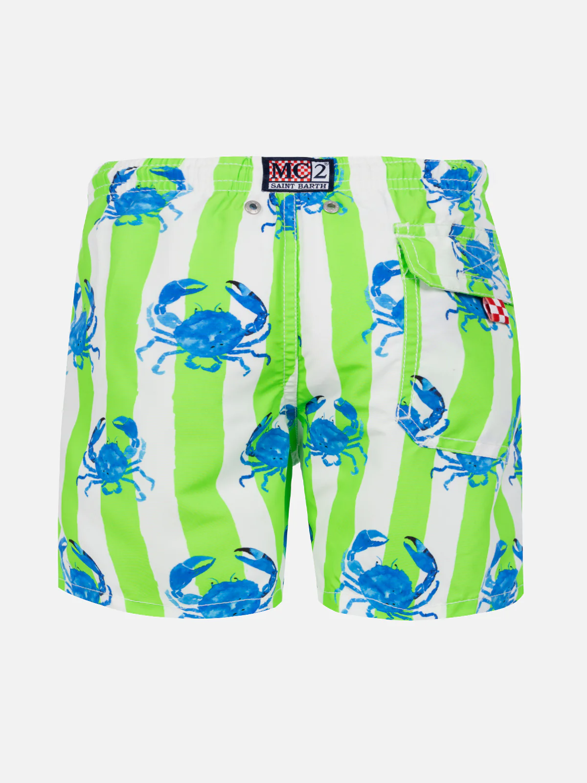 Boy swim shorts with white and green stripes and crabs print - Image 2