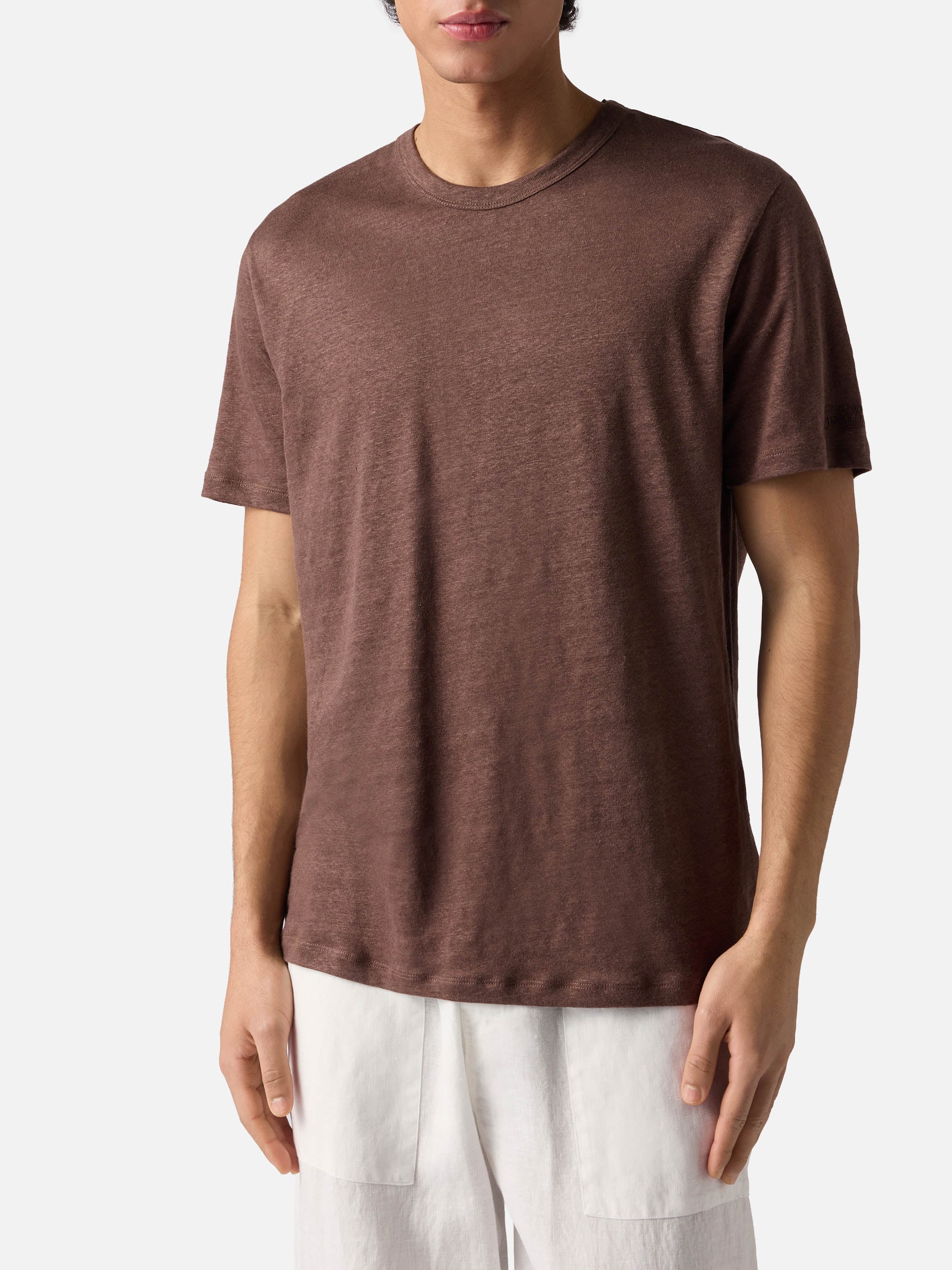 Brown Ecstasea pure linen t-shirt with logo embroidery - Image 2