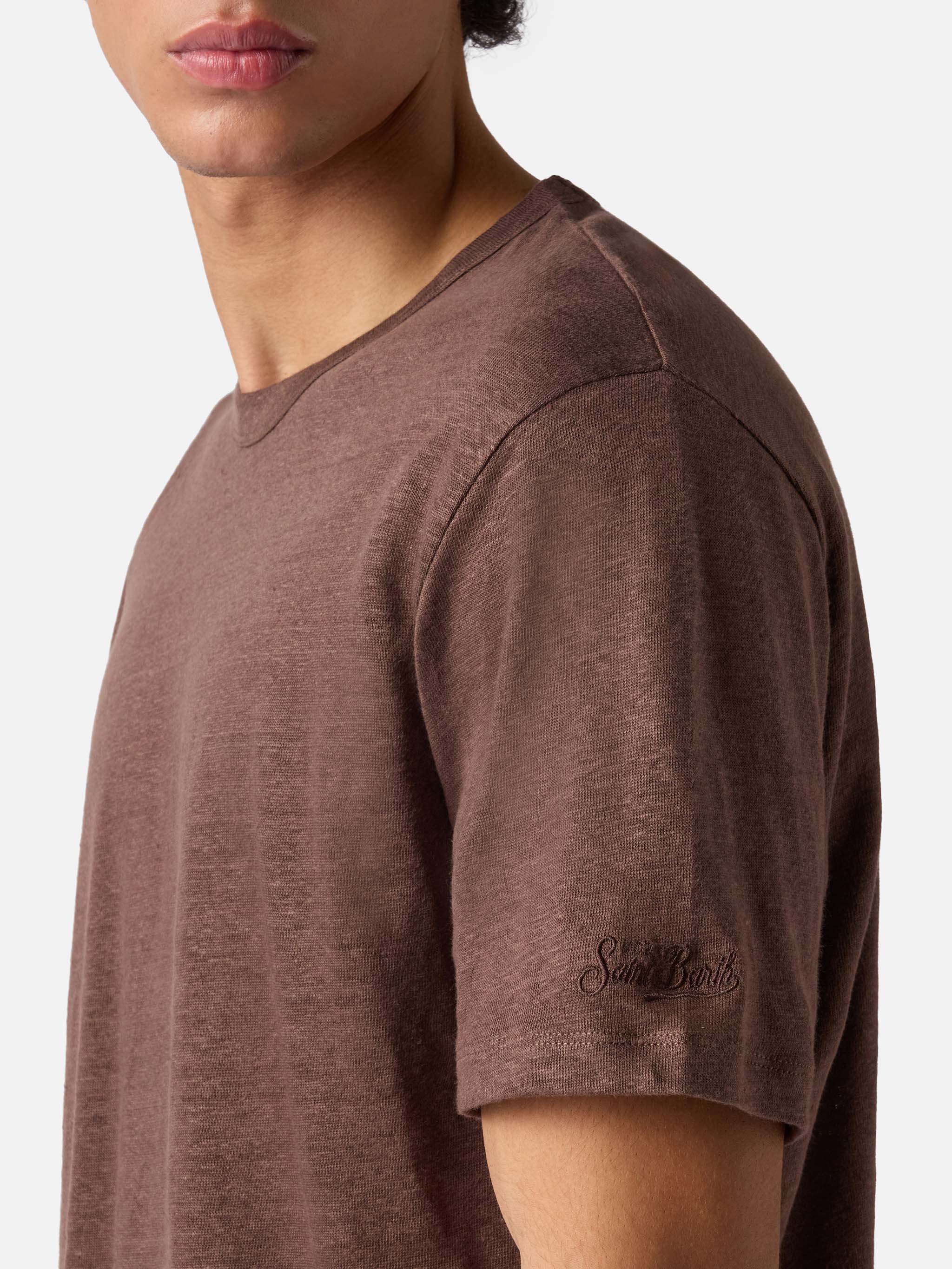 Brown Ecstasea pure linen t-shirt with logo embroidery - Image 3