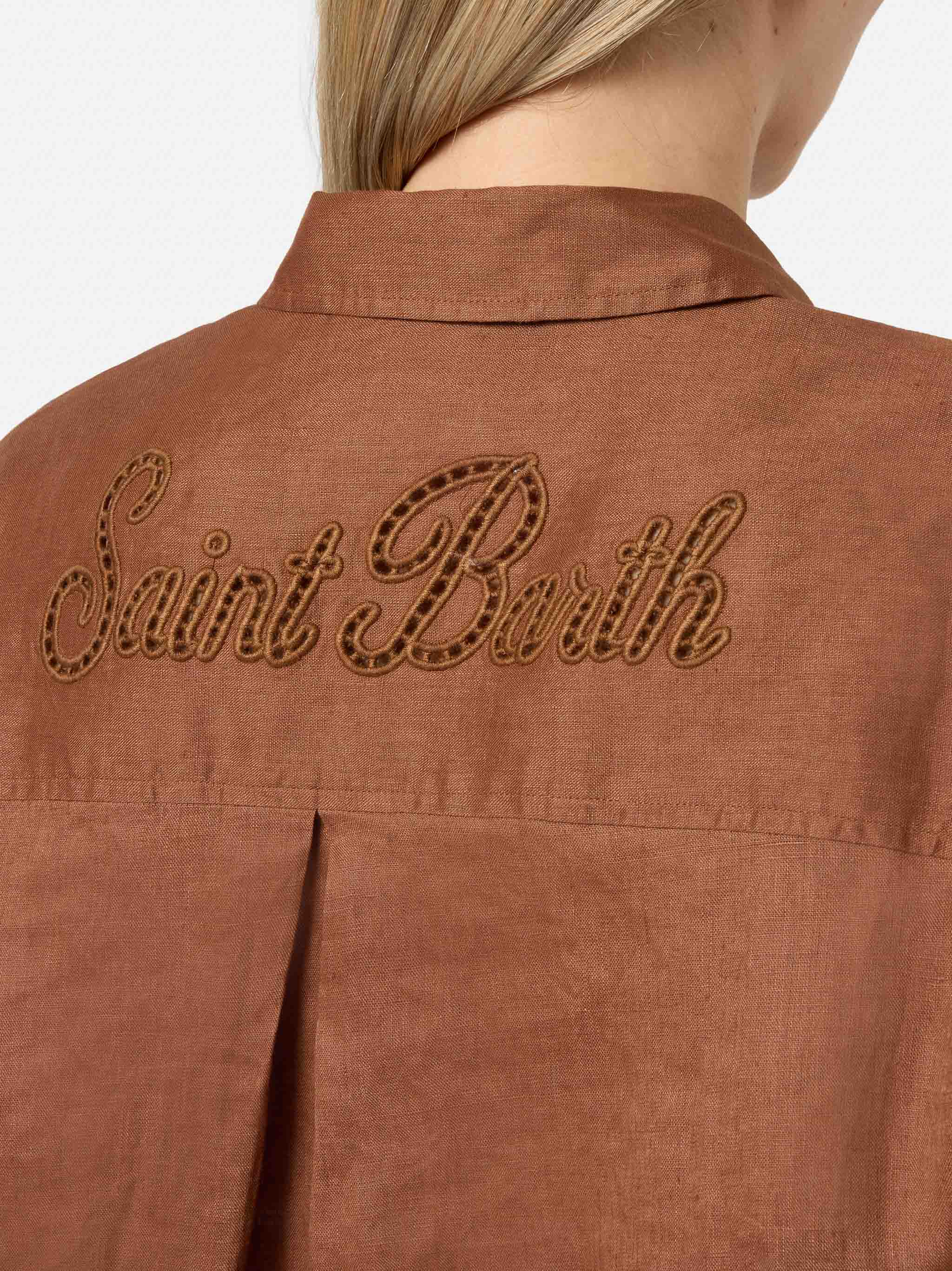 Brown linen Cristal shirt with perforated Saint Barth embroidery - Image 2