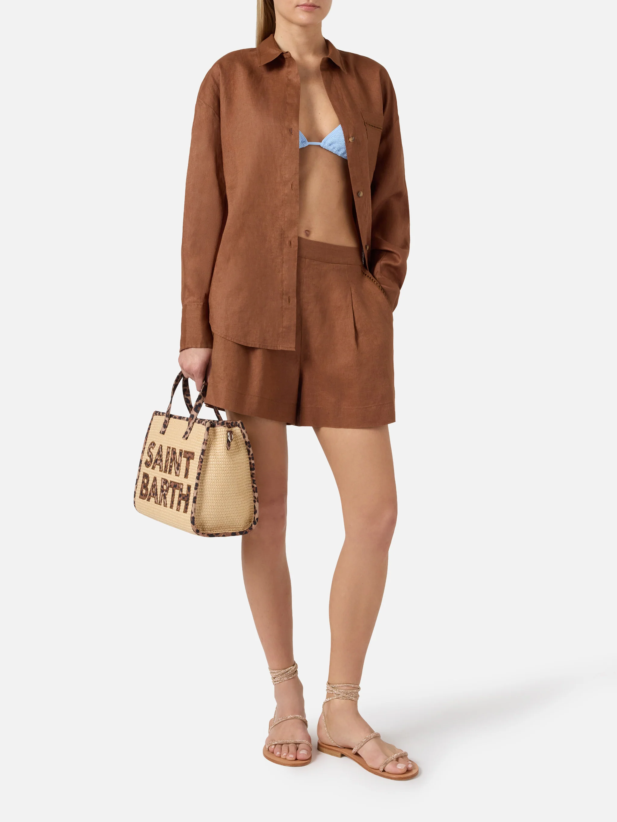 Brown linen Cristal shirt with perforated Saint Barth embroidery - Image 3