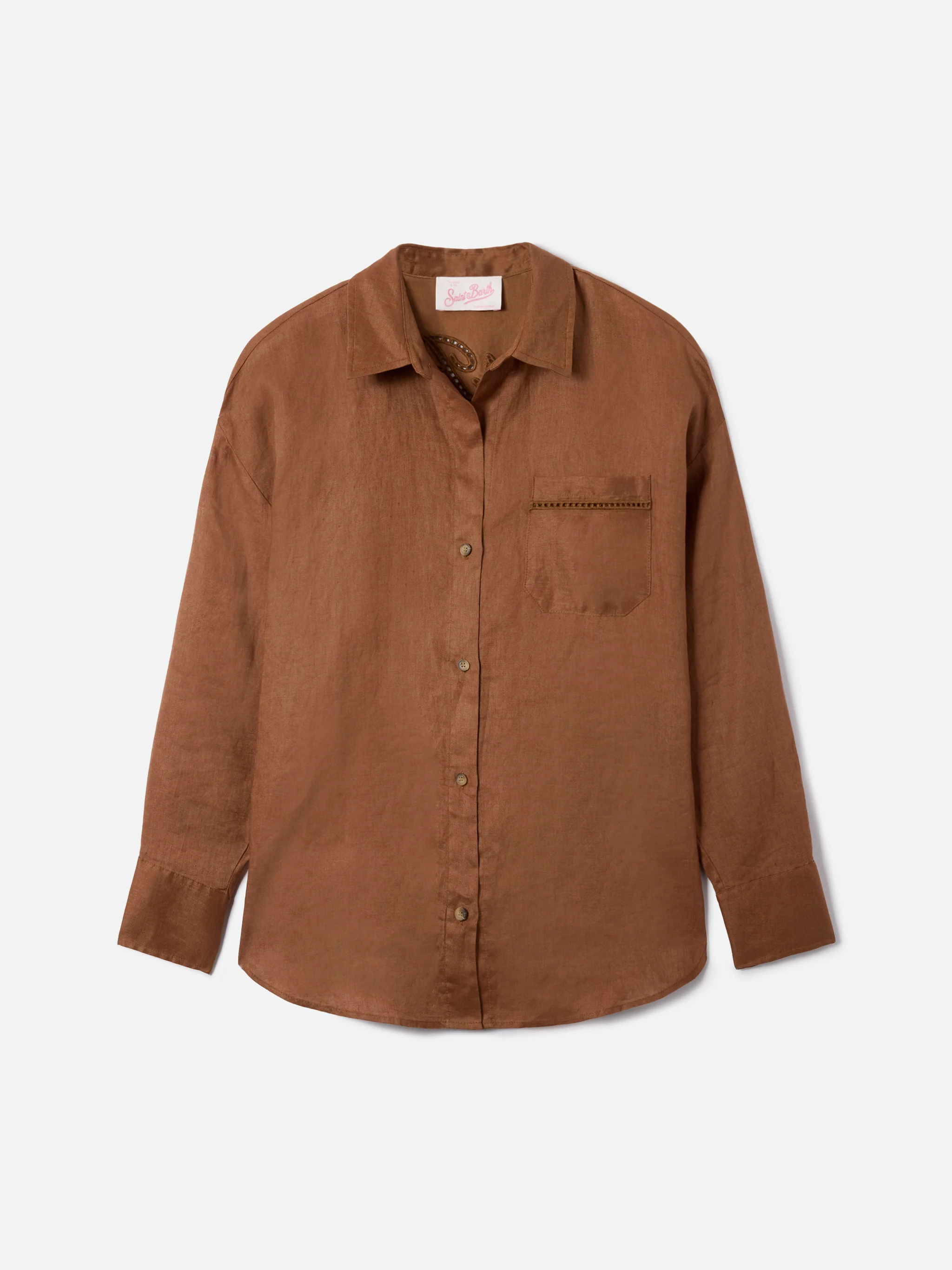 Brown linen Cristal shirt with perforated Saint Barth embroidery - Image 5