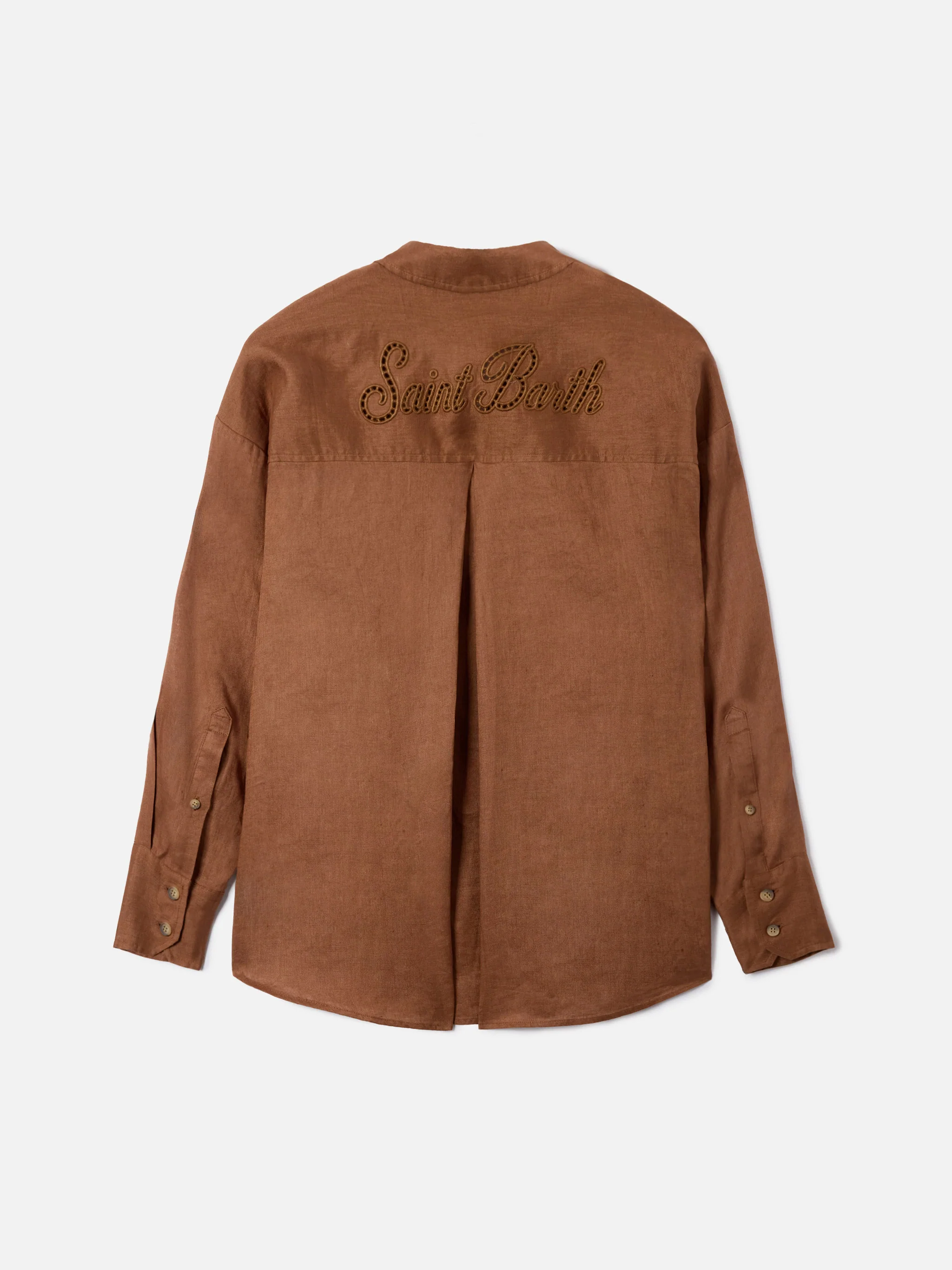 Brown linen Cristal shirt with perforated Saint Barth embroidery - Image 6