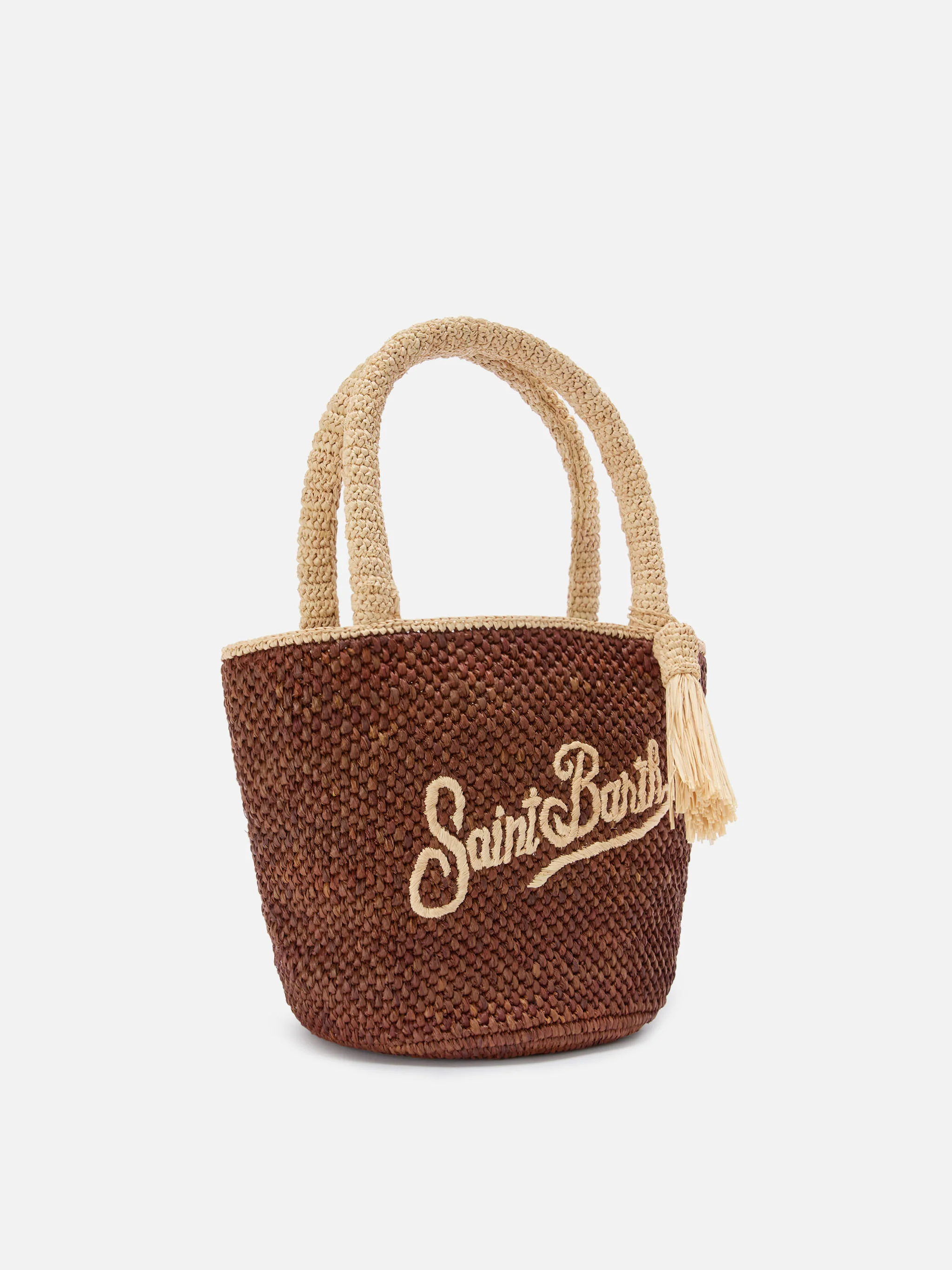 Brown Marcy raffia bag with tassel and embroidered logo - Image 3