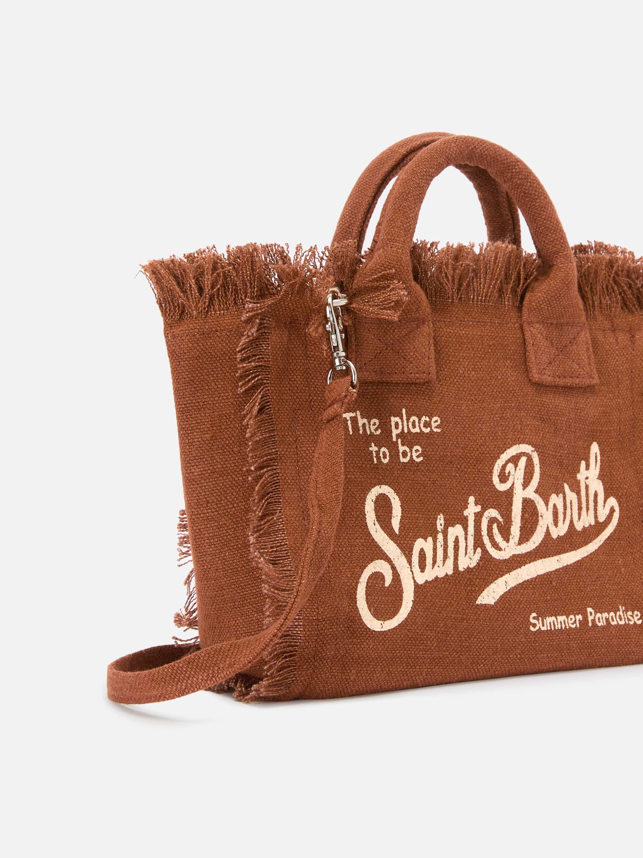 Brown solid color linen Vanity mini bag with removable strap - Image 3