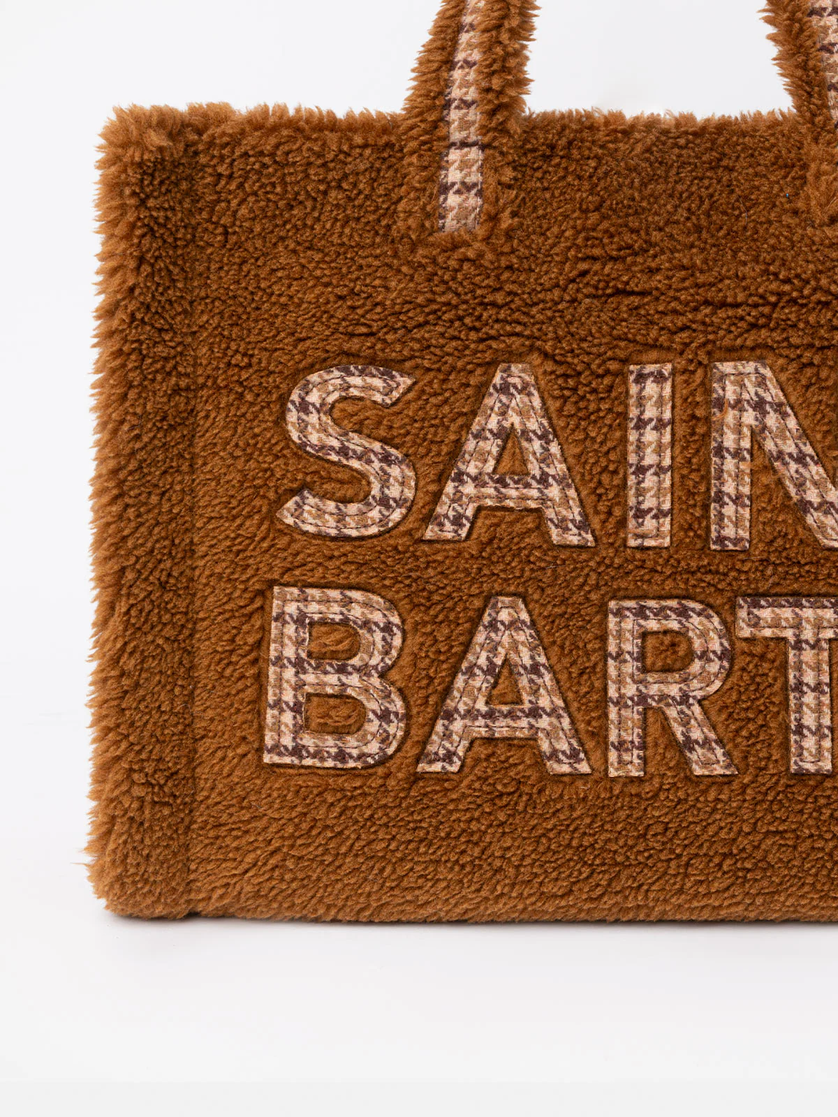 Brown teddy Soft Bag with Saint Barth checkered logo - Image 2
