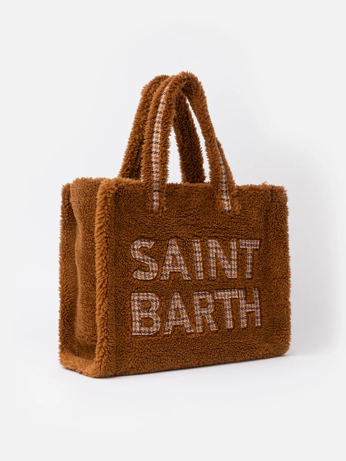 Brown teddy Soft Bag with Saint Barth checkered logo - Image 3