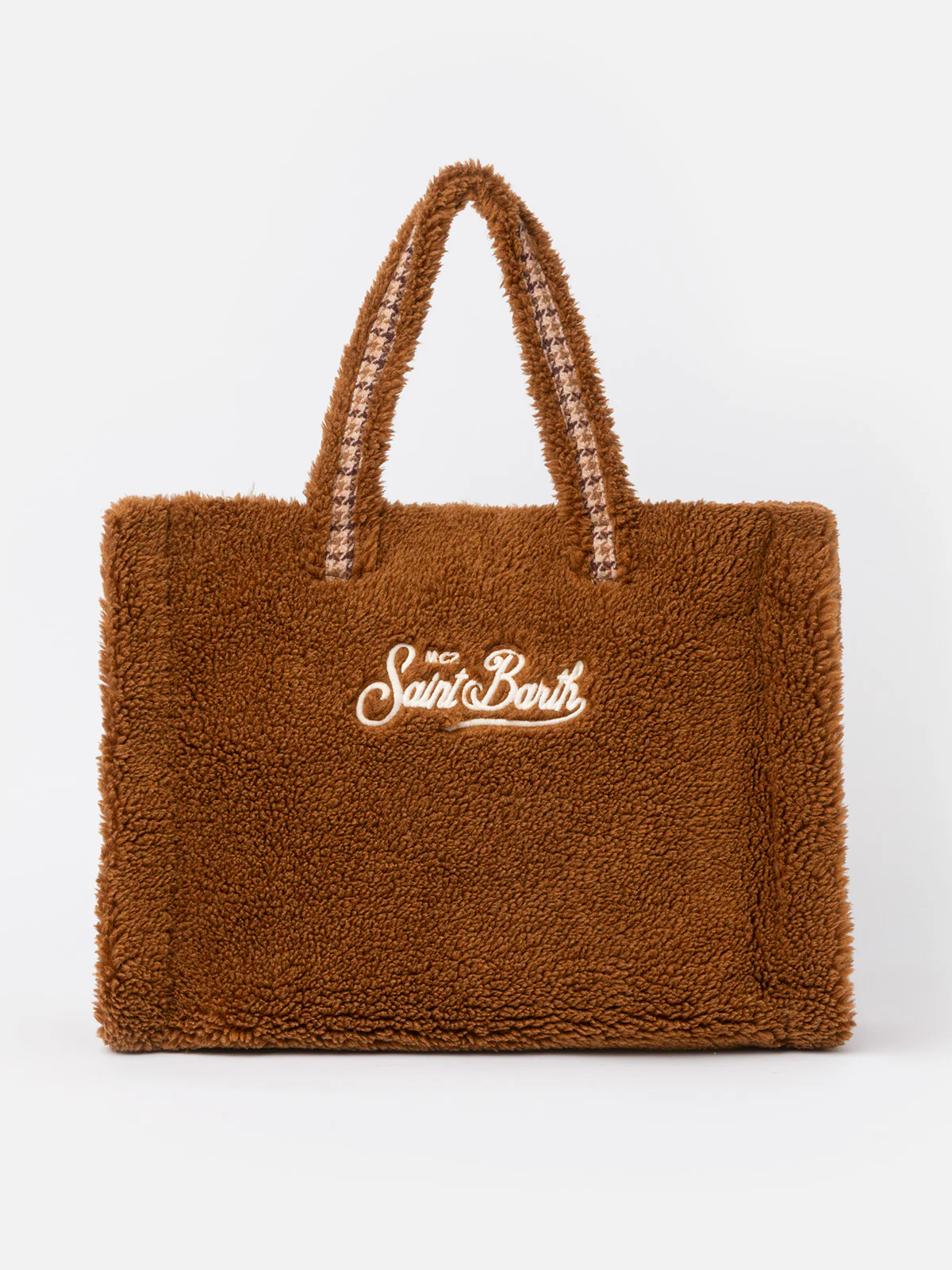 Brown teddy Soft Bag with Saint Barth checkered logo - Image 4
