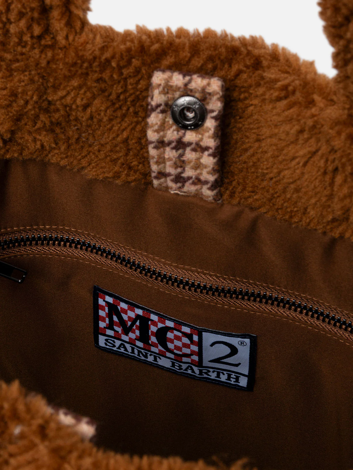 Brown teddy Soft Bag with Saint Barth checkered logo - Image 5